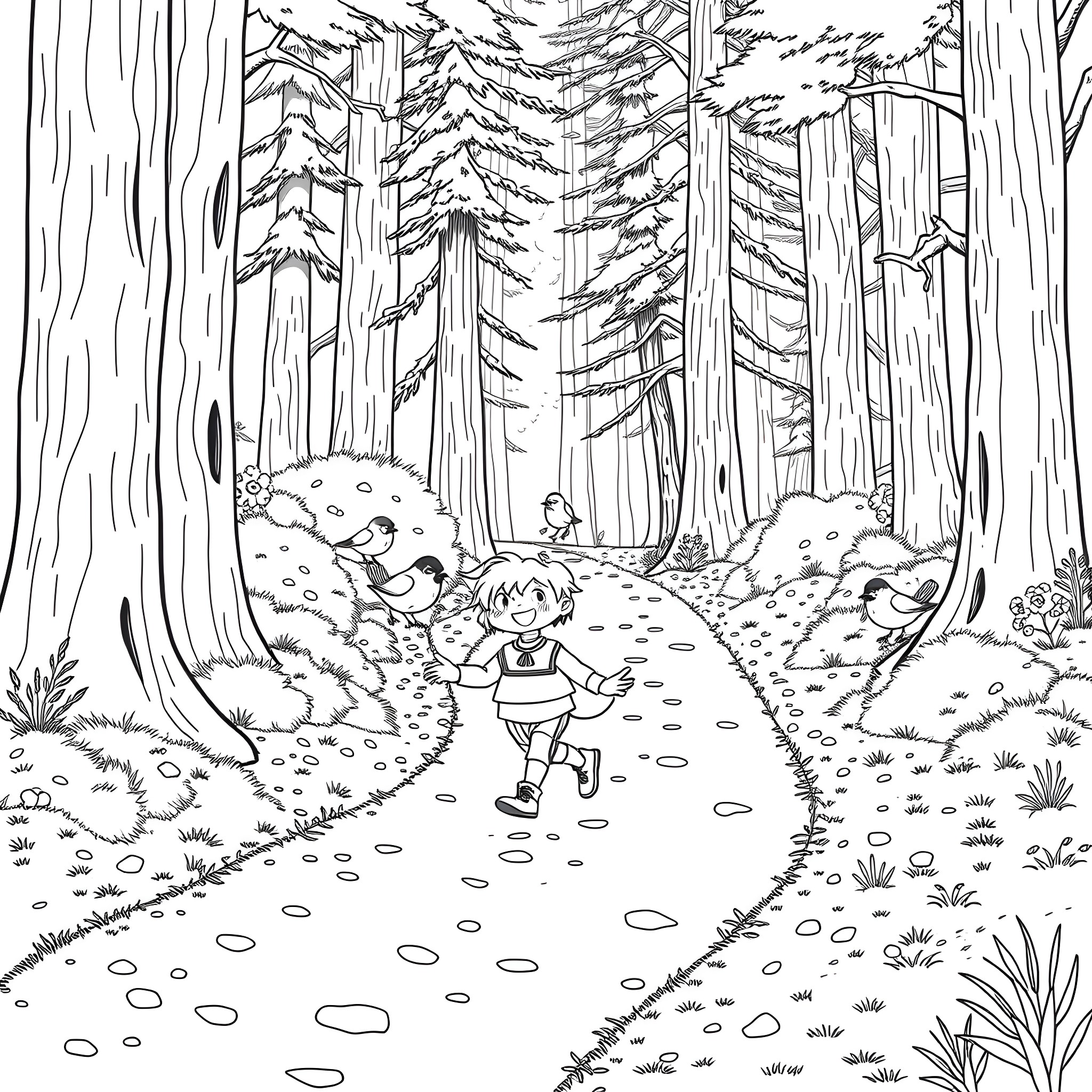 Kid exploring the enchanting forest Coloring Page (free black-and-white line drawing printable PDF for all, from beginners to advanced learners, including children, teens, adults, and seniors)