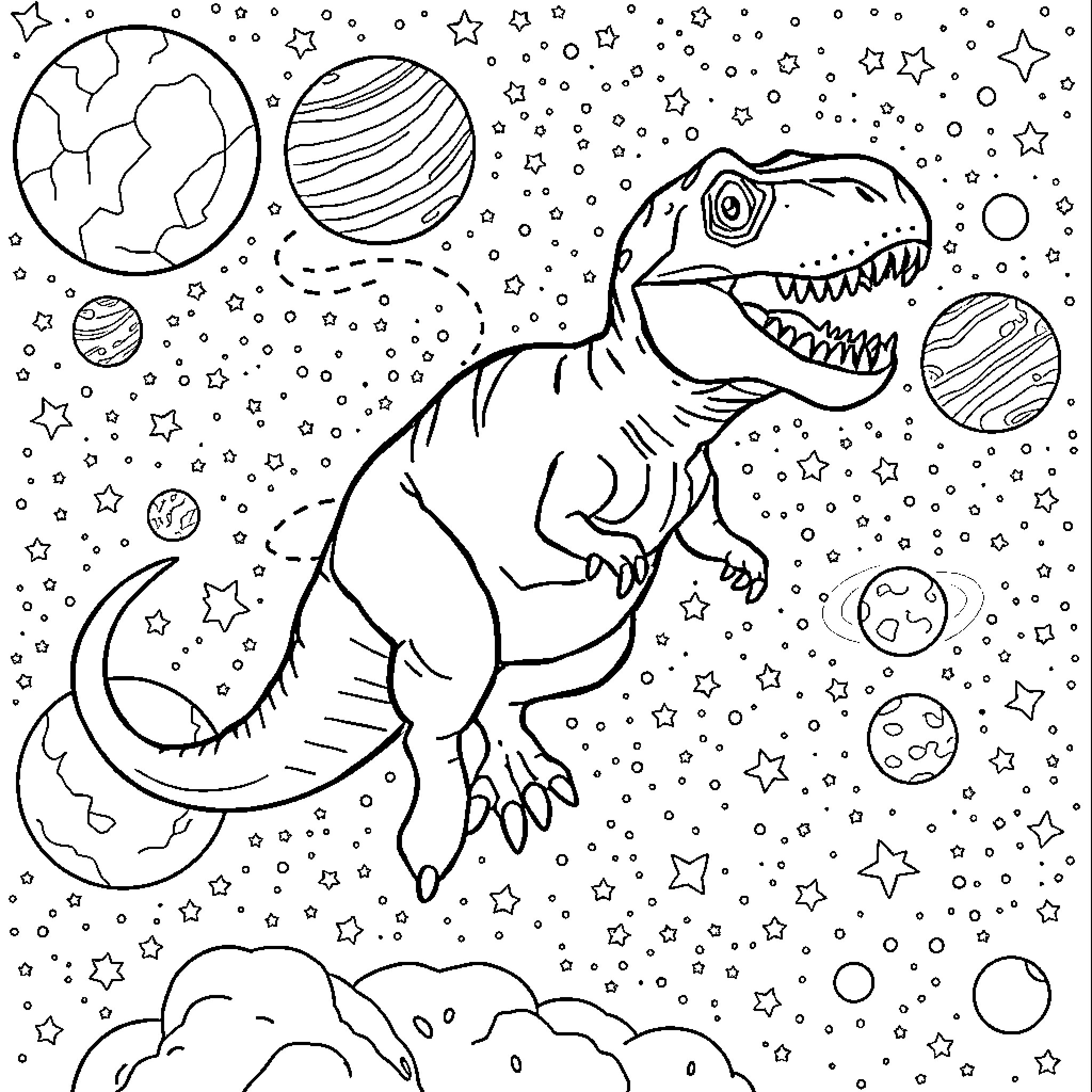 Trex exploring the cosmos with planets and stars Coloring Page (free black-and-white line drawing printable PDF for all, from beginners to advanced learners, including children, teens, adults, and seniors)