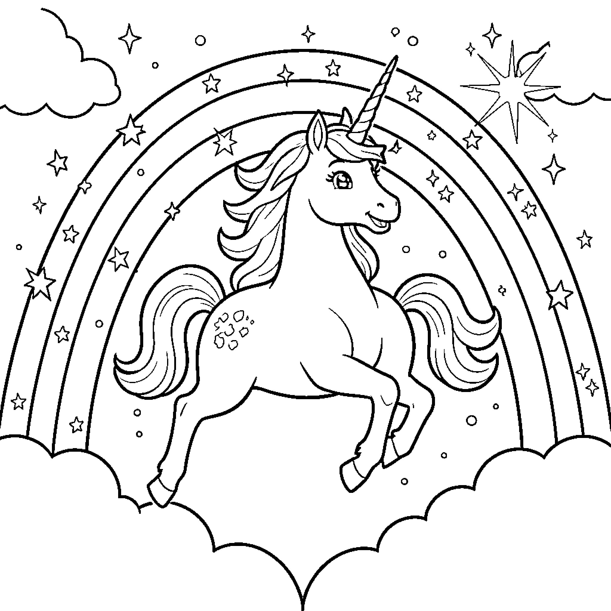 Unicorn jumping joyfully in front of a rainbow Coloring Page (free black-and-white line drawing printable PDF for all, from beginners to advanced learners, including children, teens, adults, and seniors)