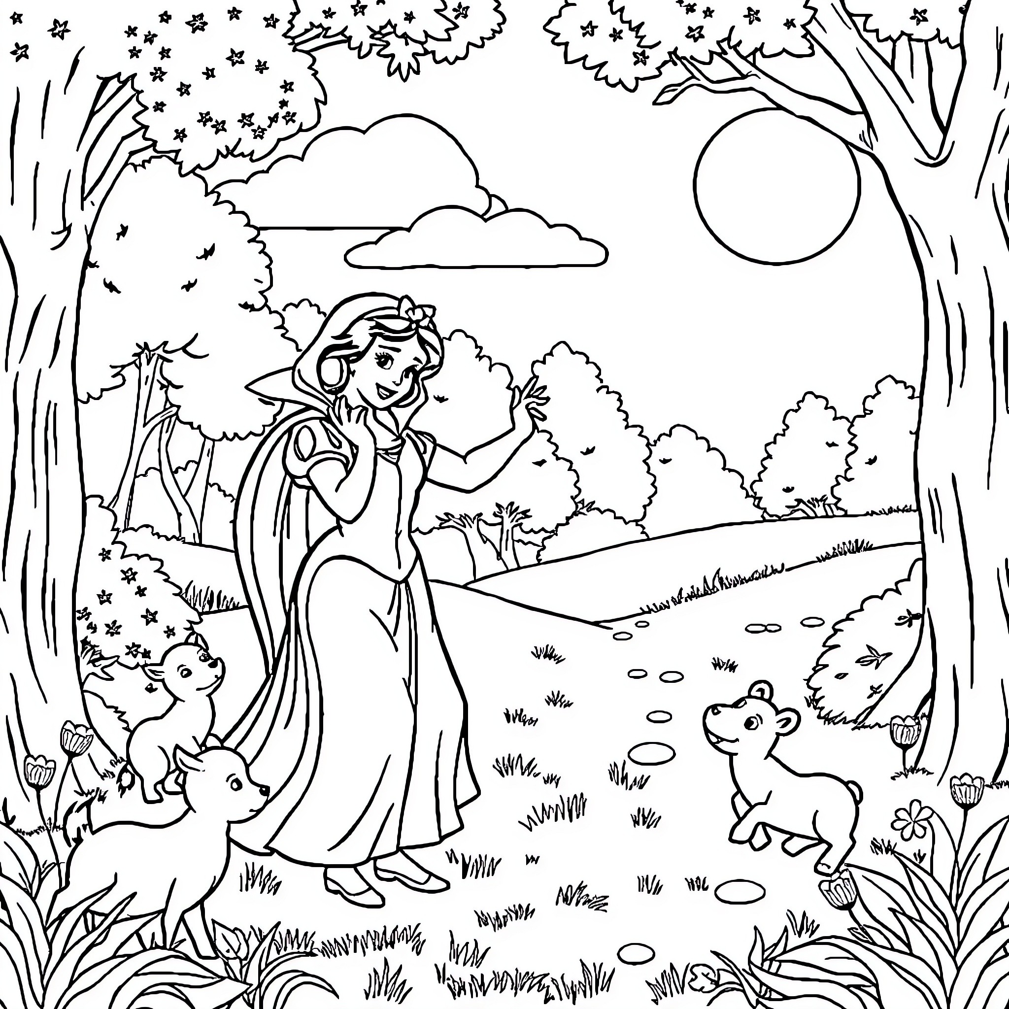Snow White enjoying nature with forest animals Coloring Page (free black-and-white line drawing printable PDF for all, from beginners to advanced learners, including children, teens, adults, and seniors)