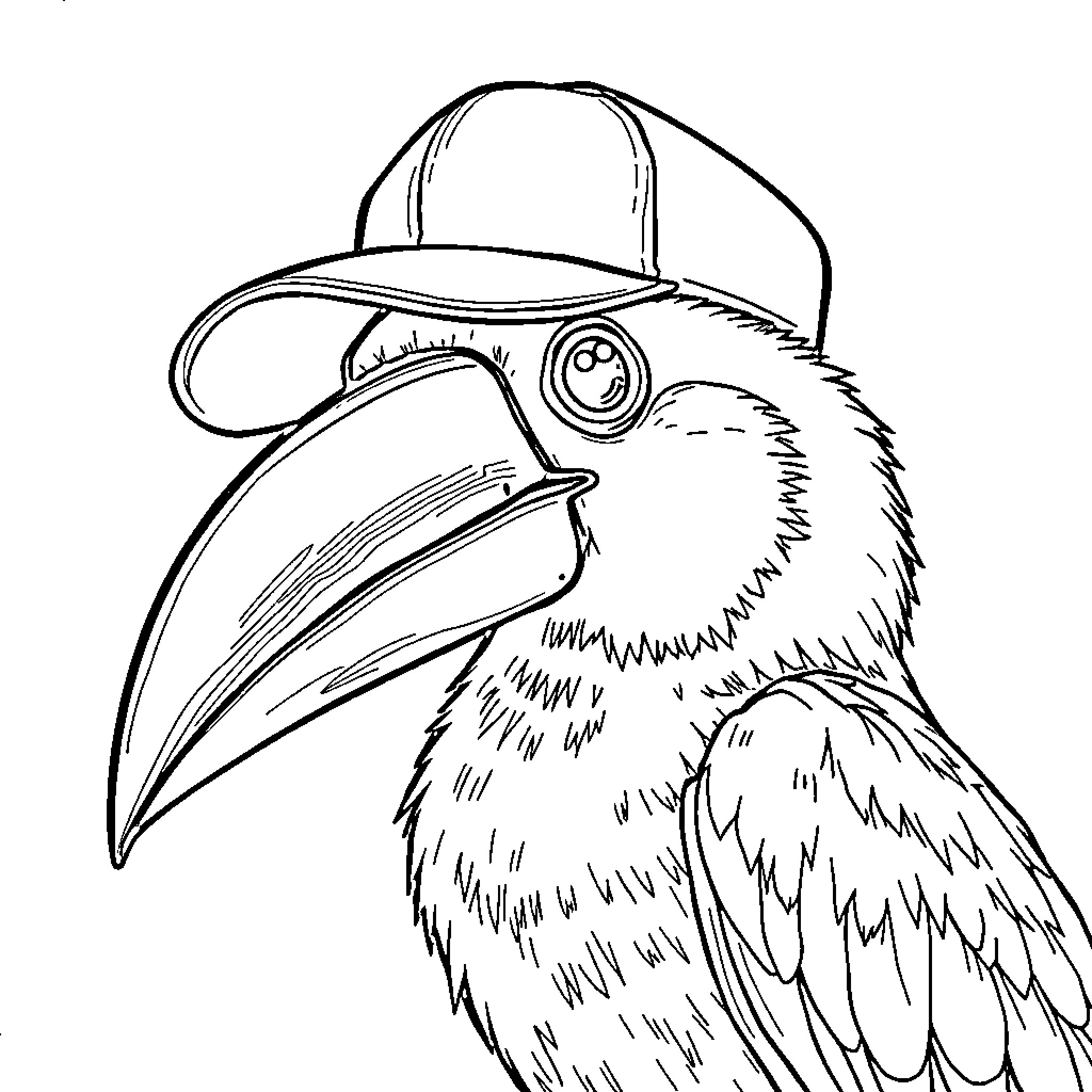 Bird wearing a baseball cap Coloring Page (free black-and-white line drawing printable PDF for all, from beginners to advanced learners, including children, teens, adults, and seniors)