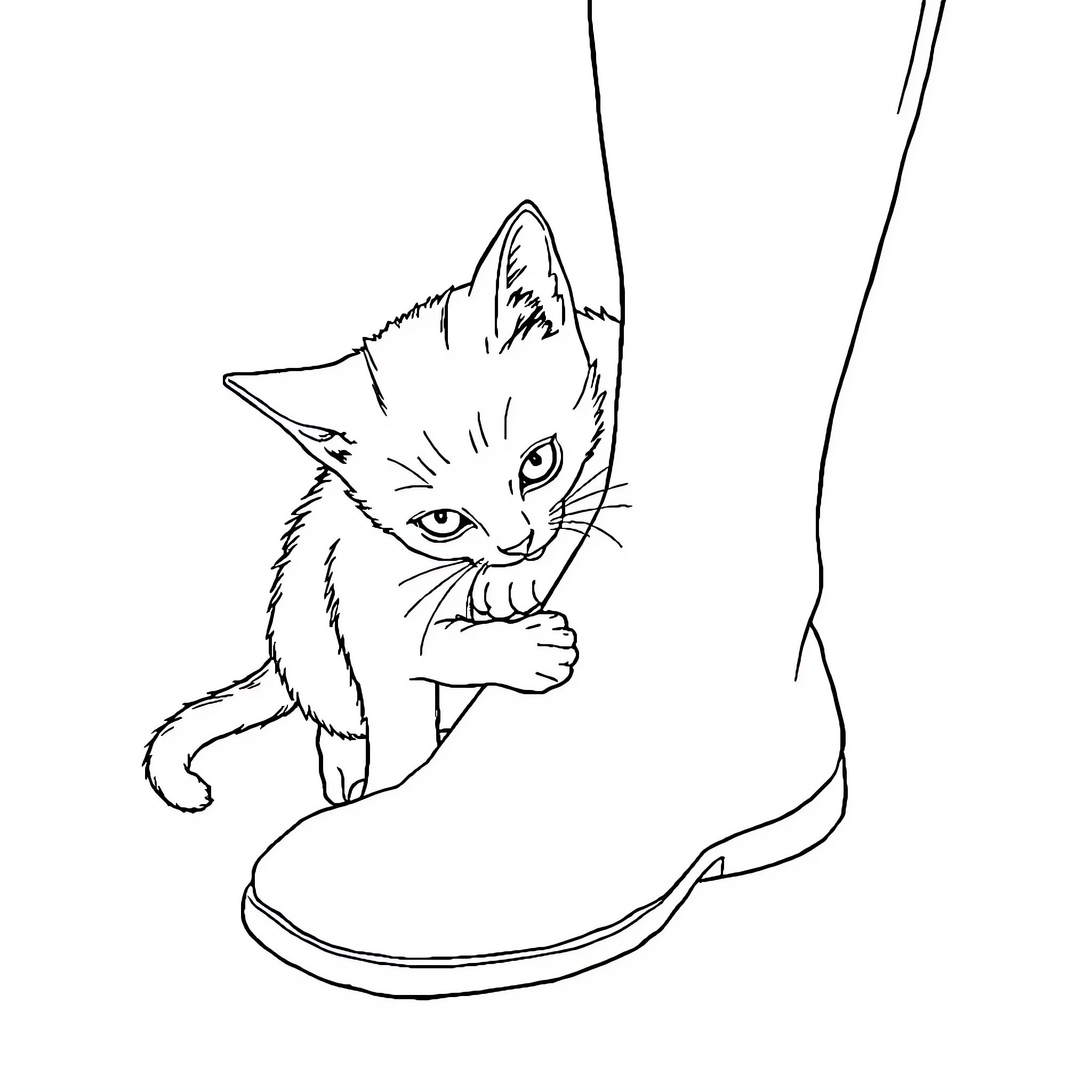 Cat exploring and climbing shoe Coloring Page (free black-and-white line drawing printable PDF for all, from beginners to advanced learners, including children, teens, adults, and seniors)