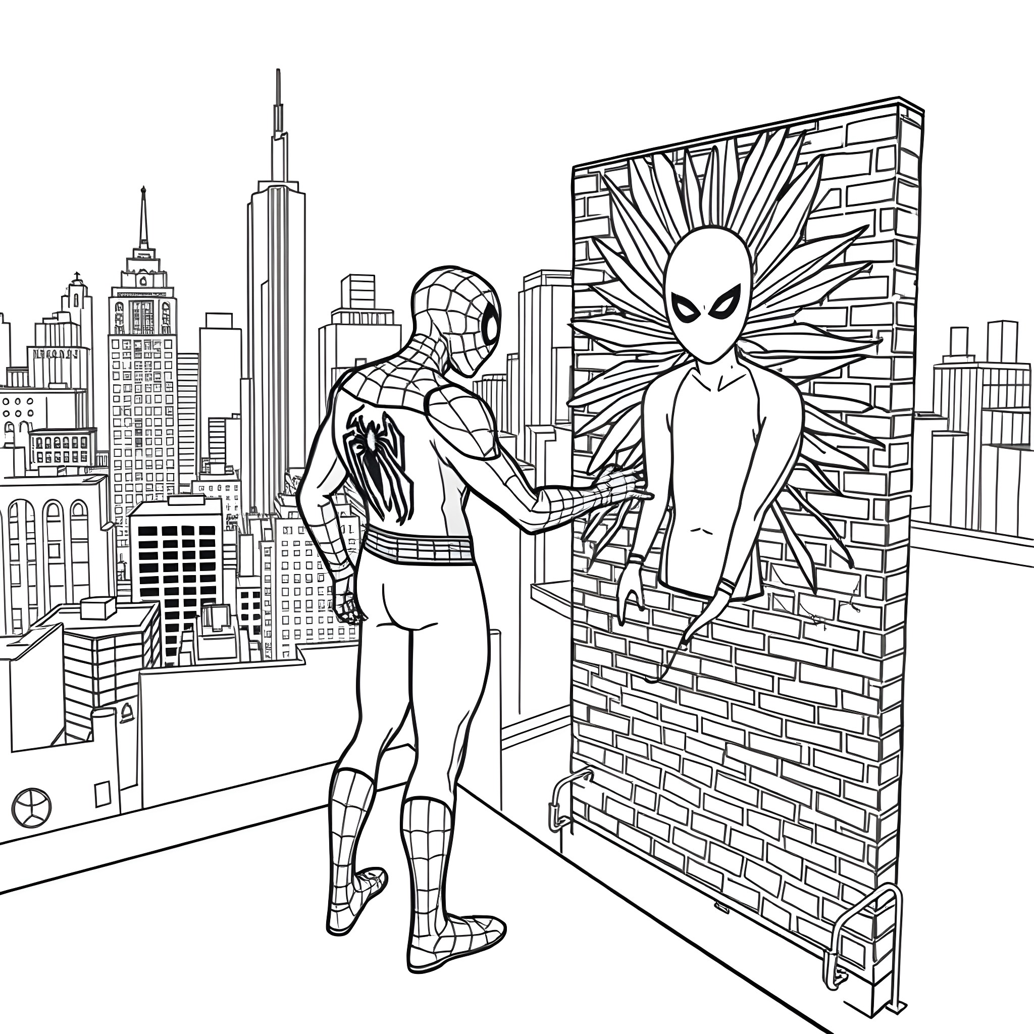 Spiderman Swinging Through the City Coloring Page (free black-and-white line drawing printable PDF for all, from beginners to advanced learners, including children, teens, adults, and seniors)