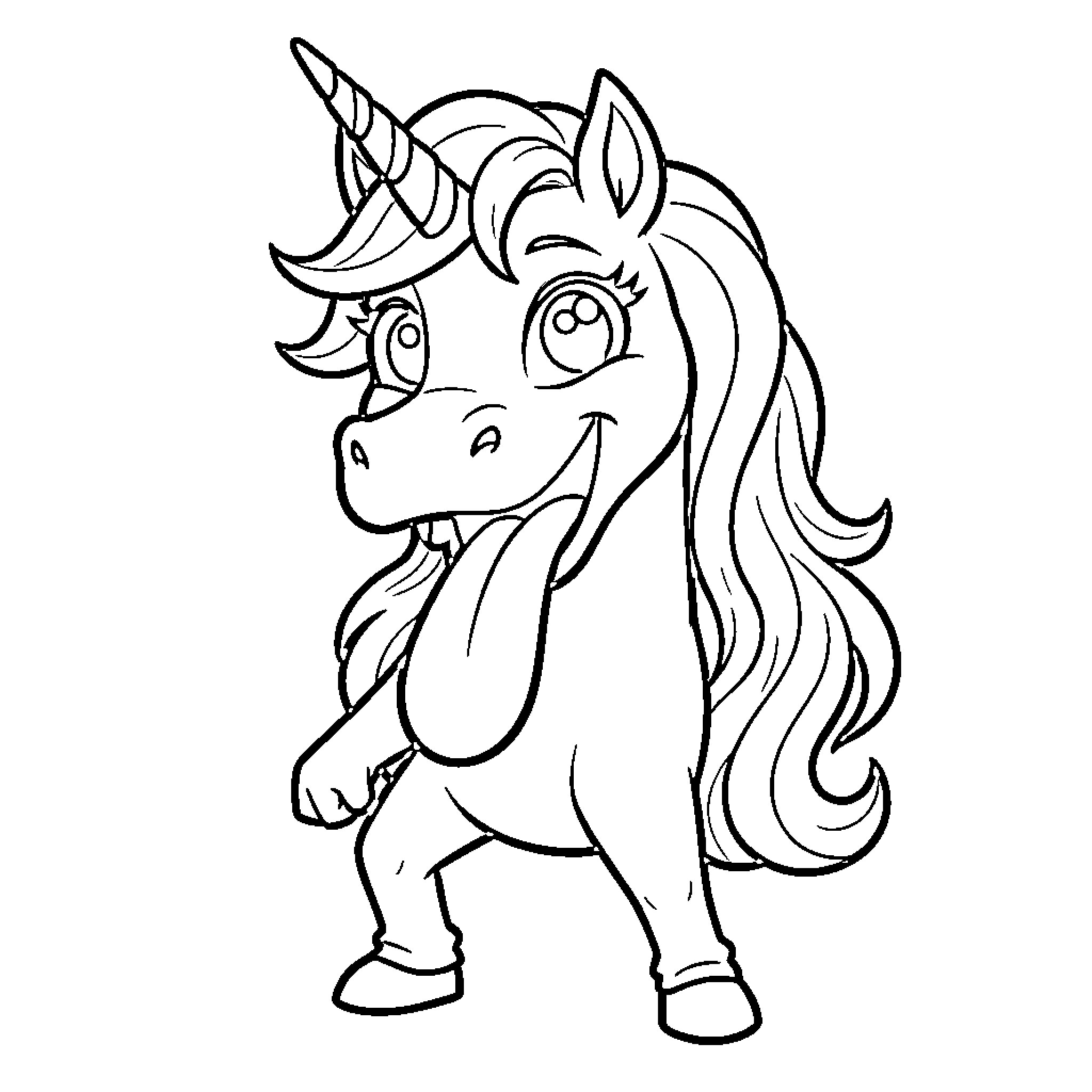 Licorne sticking out tongue with a joyful expression Coloring Page (free black-and-white line drawing printable PDF for all, from beginners to advanced learners, including children, teens, adults, and seniors)