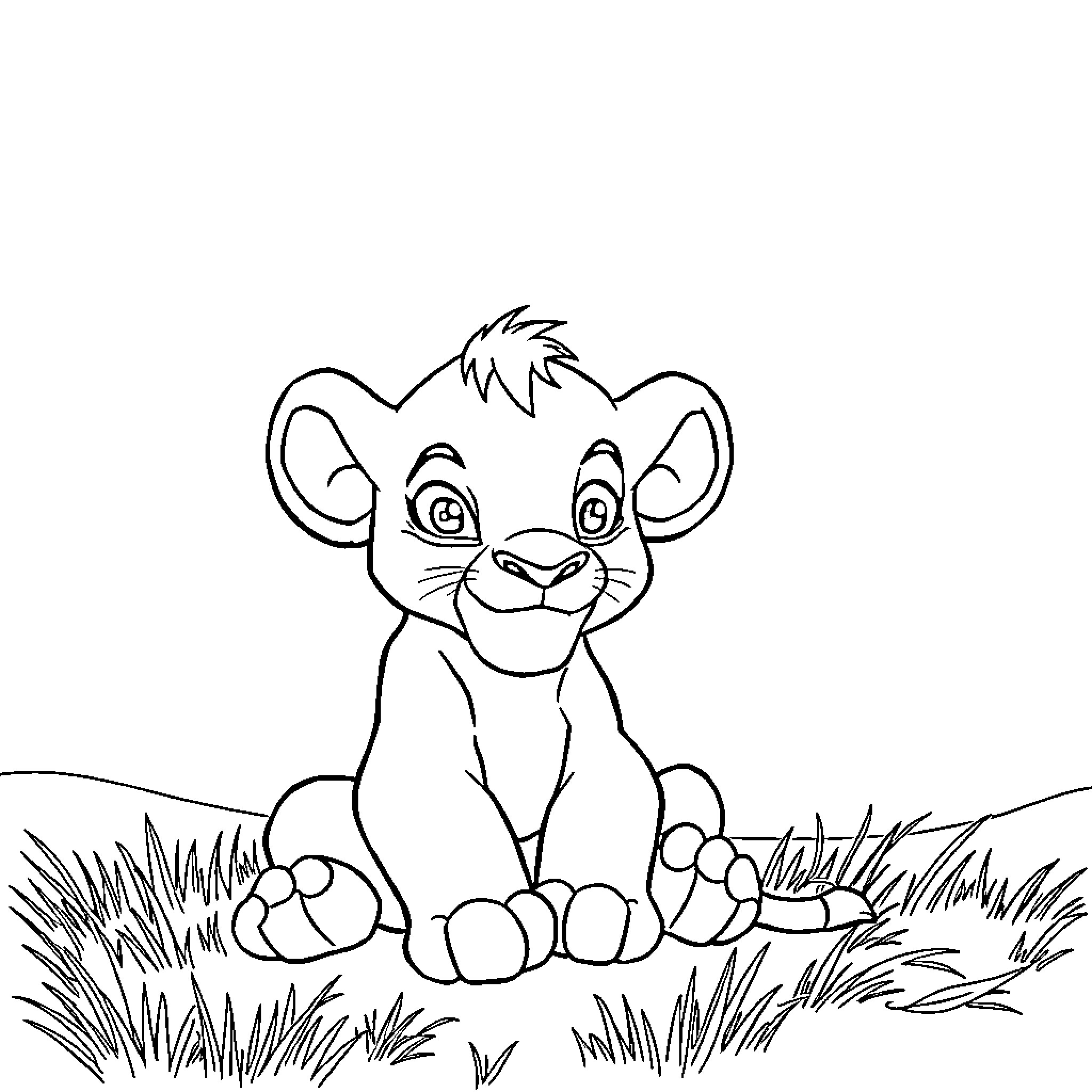Simba sitting in the grass Coloring Page (free black-and-white line drawing printable PDF for all, from beginners to advanced learners, including children, teens, adults, and seniors)