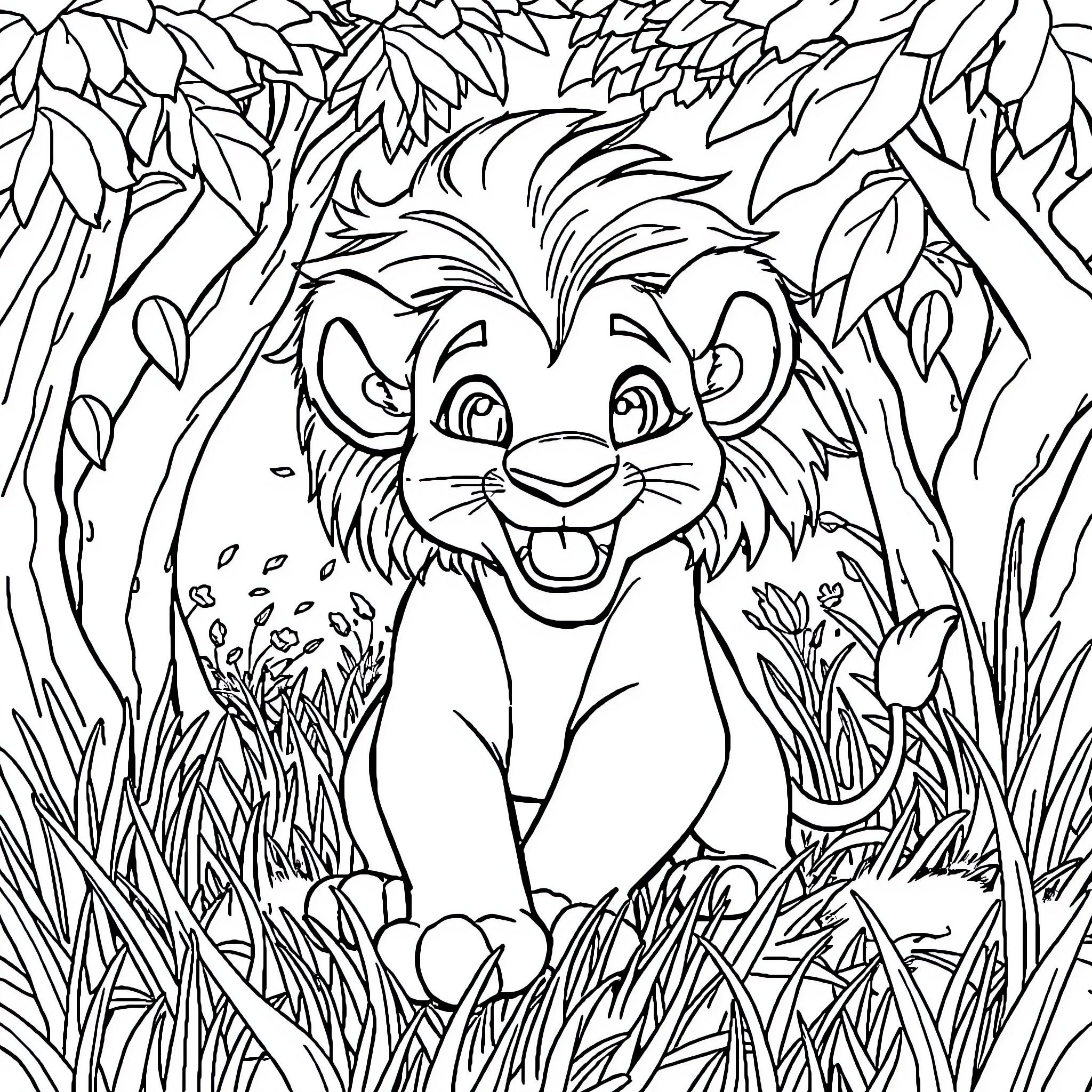 Simba's Playful Adventure in the Lush Jungle Coloring Page (free black-and-white line drawing printable PDF for all, from beginners to advanced learners, including children, teens, adults, and seniors)