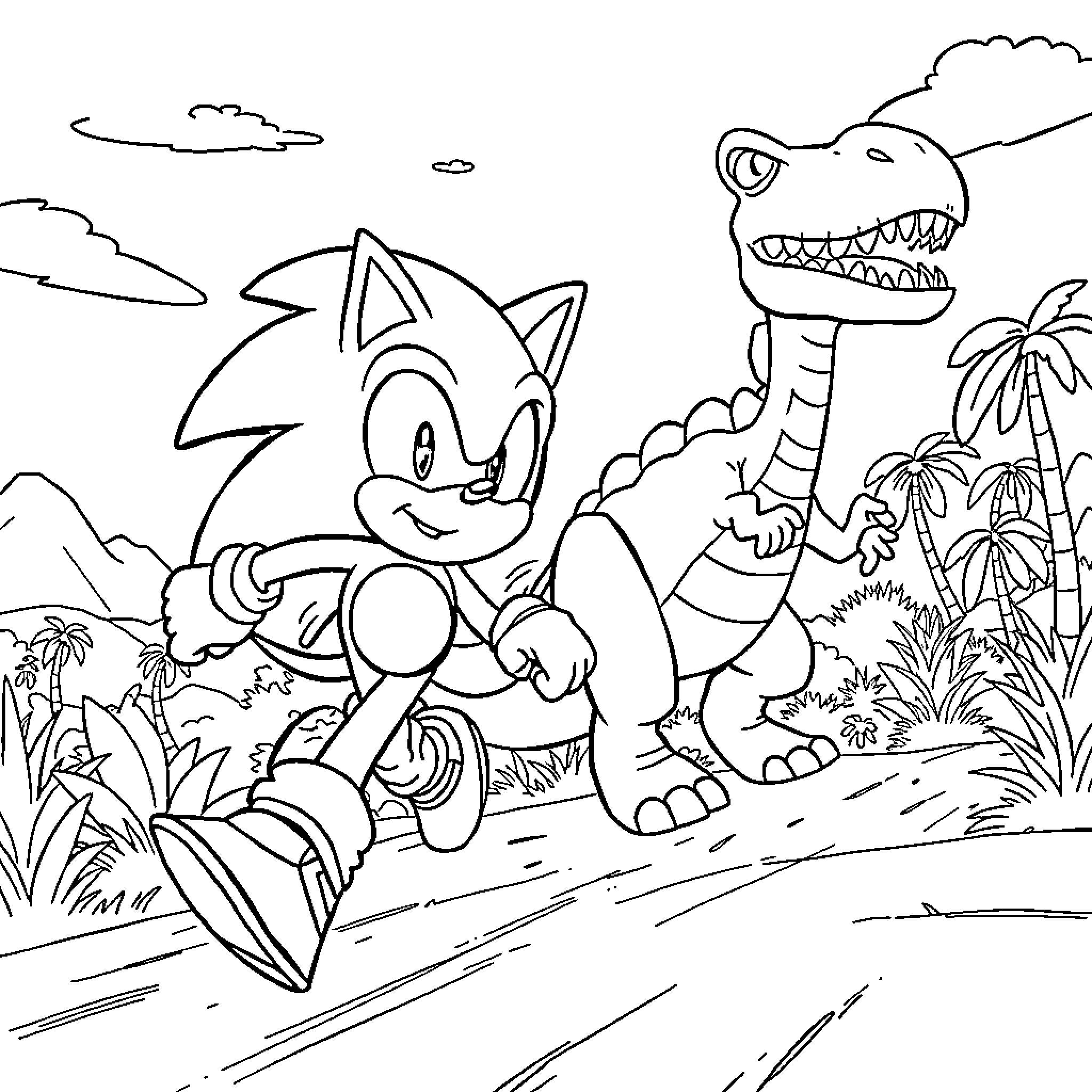 Sonic and Dinosaur Exploring the Tropical Landscape Coloring Page (free black-and-white line drawing printable PDF for all, from beginners to advanced learners, including children, teens, adults, and seniors)