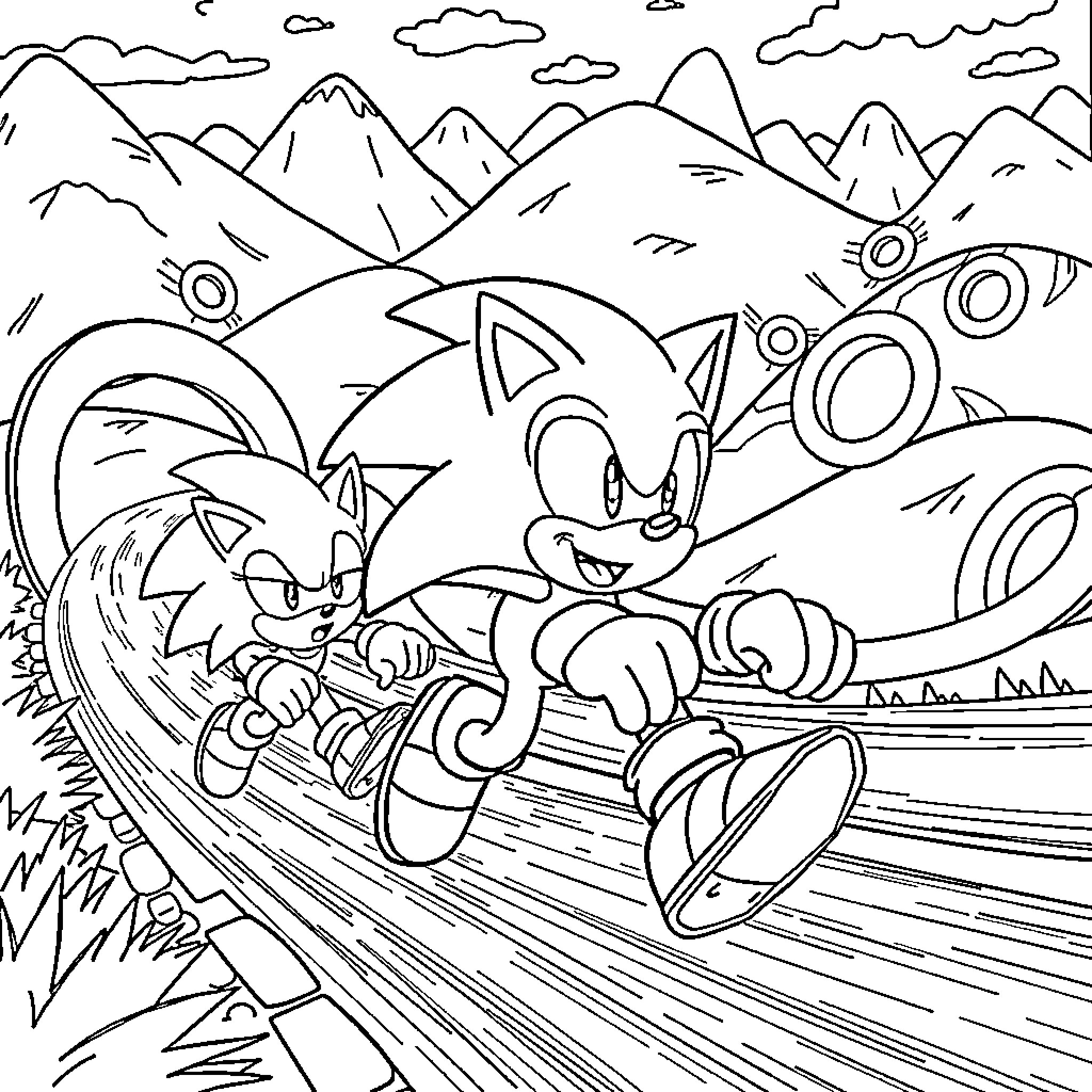 Sonic Characters Racing Through Mountainous Landscape Coloring Page (free black-and-white line drawing printable PDF for all, from beginners to advanced learners, including children, teens, adults, and seniors)