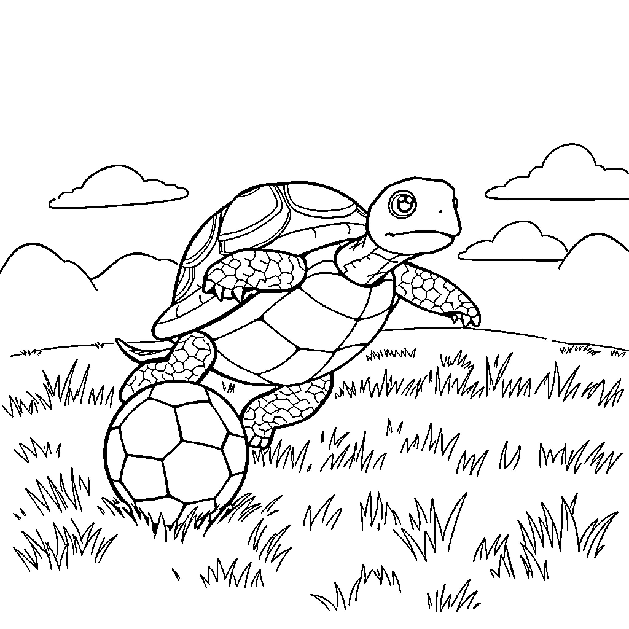 Turtle playing with soccer ball in a field Coloring Page (free black-and-white line drawing printable PDF for all, from beginners to advanced learners, including children, teens, adults, and seniors)