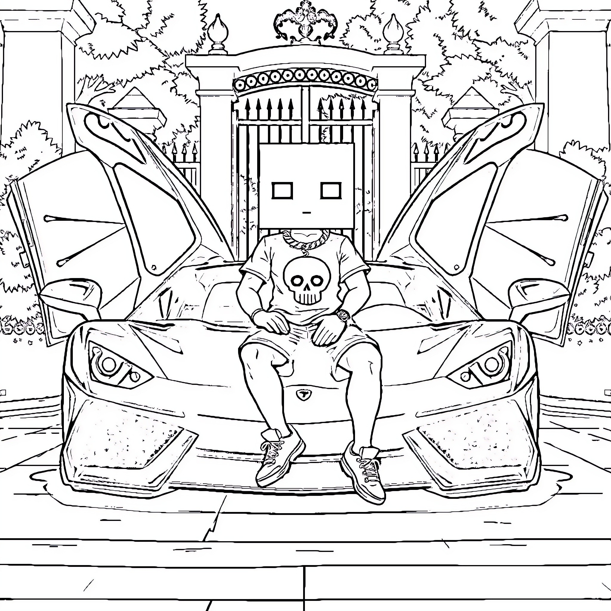 Character in a luxury sports car in a mysterious setting Coloring Page (free black-and-white line drawing printable PDF for all, from beginners to advanced learners, including children, teens, adults, and seniors)