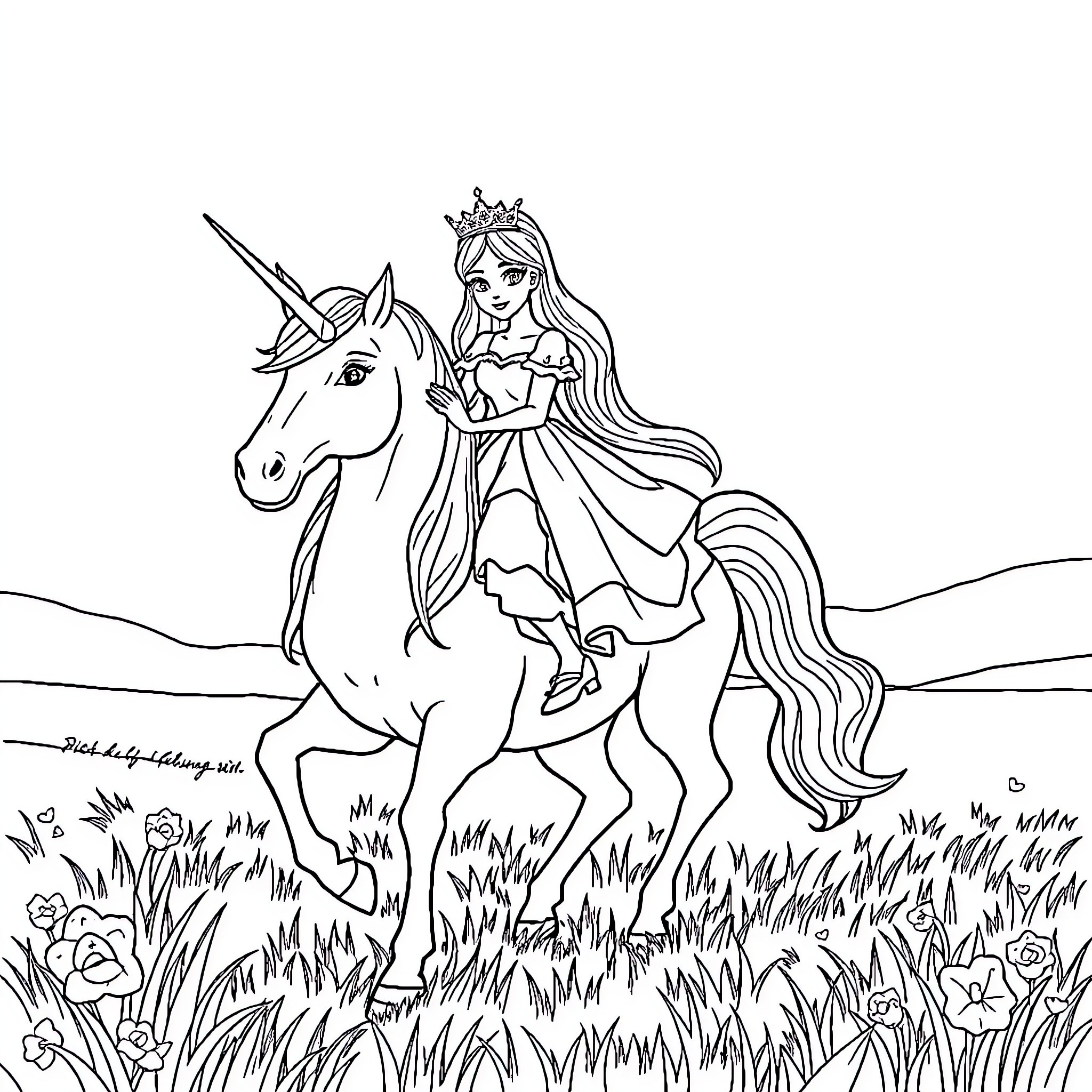 Princess Riding Magnificent Unicorn Through Enchanted Meadow Coloring Page (free black-and-white line drawing printable PDF for all, from beginners to advanced learners, including children, teens, adults, and seniors)
