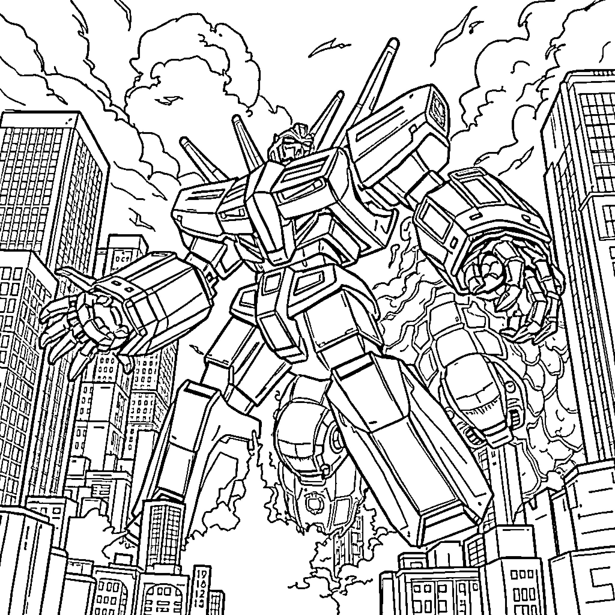 Crimson Typhoon Rampages Through Towering Metropolis Coloring Page (free black-and-white line drawing printable PDF for all, from beginners to advanced learners, including children, teens, adults, and seniors)