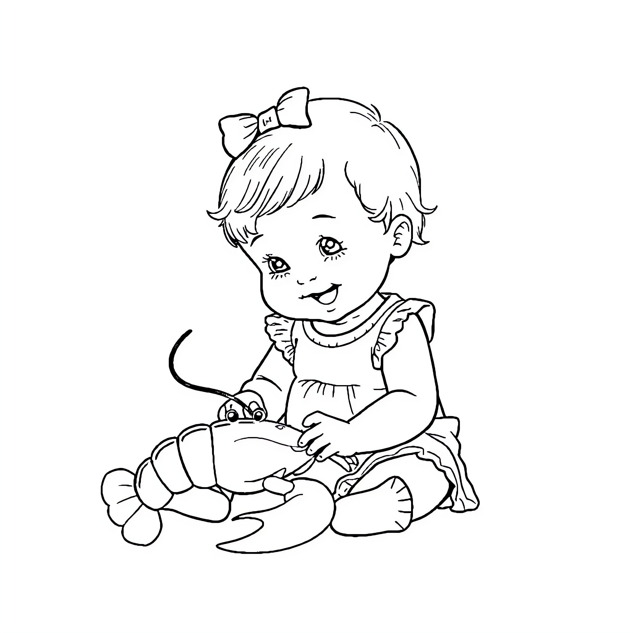 Baby Girl Playing Happily with Stuffed Toy Coloring Page (free black-and-white line drawing printable PDF for all, from beginners to advanced learners, including children, teens, adults, and seniors)