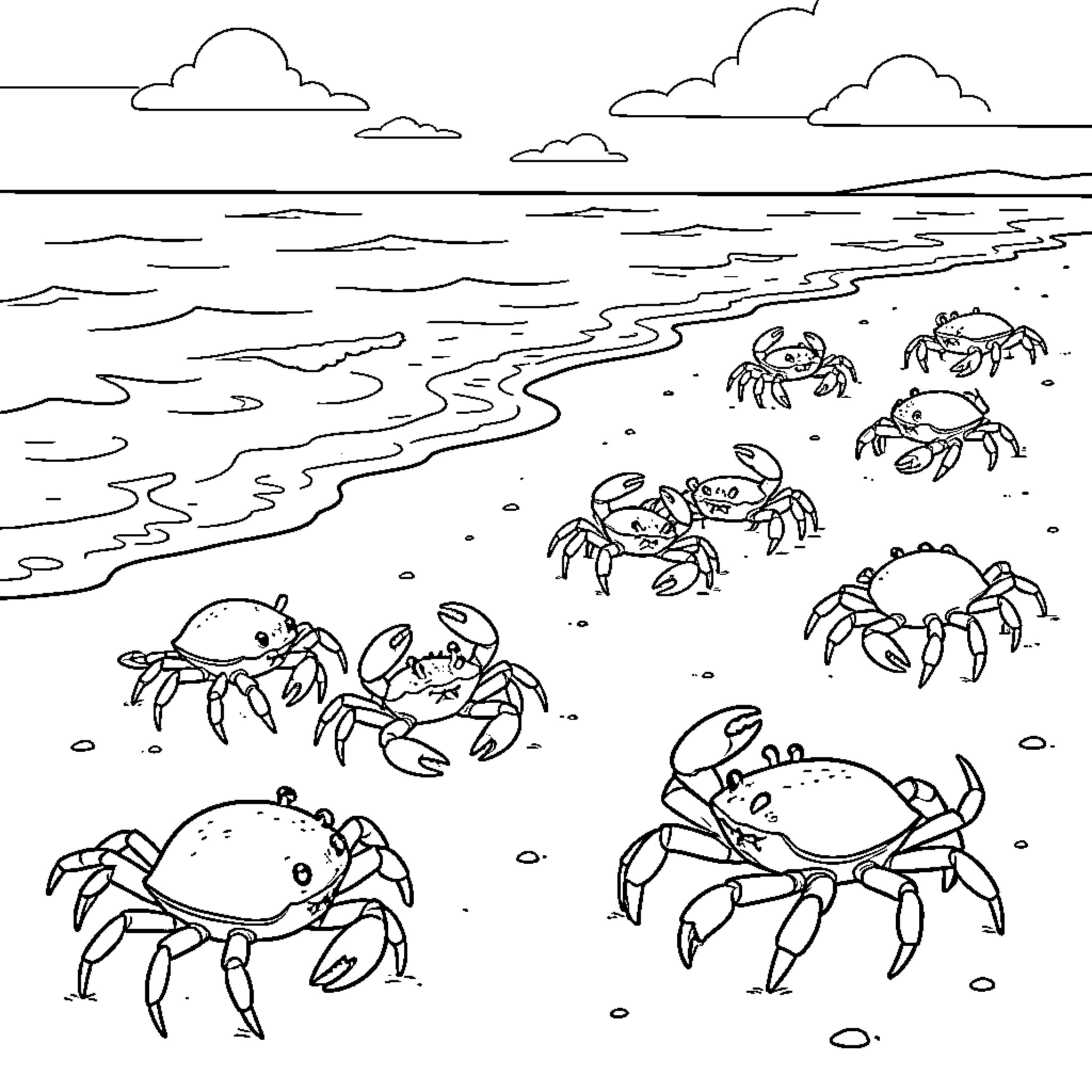 Crabs walking along the sandy seashore Coloring Page (free black-and-white line drawing printable PDF for all, from beginners to advanced learners, including children, teens, adults, and seniors)