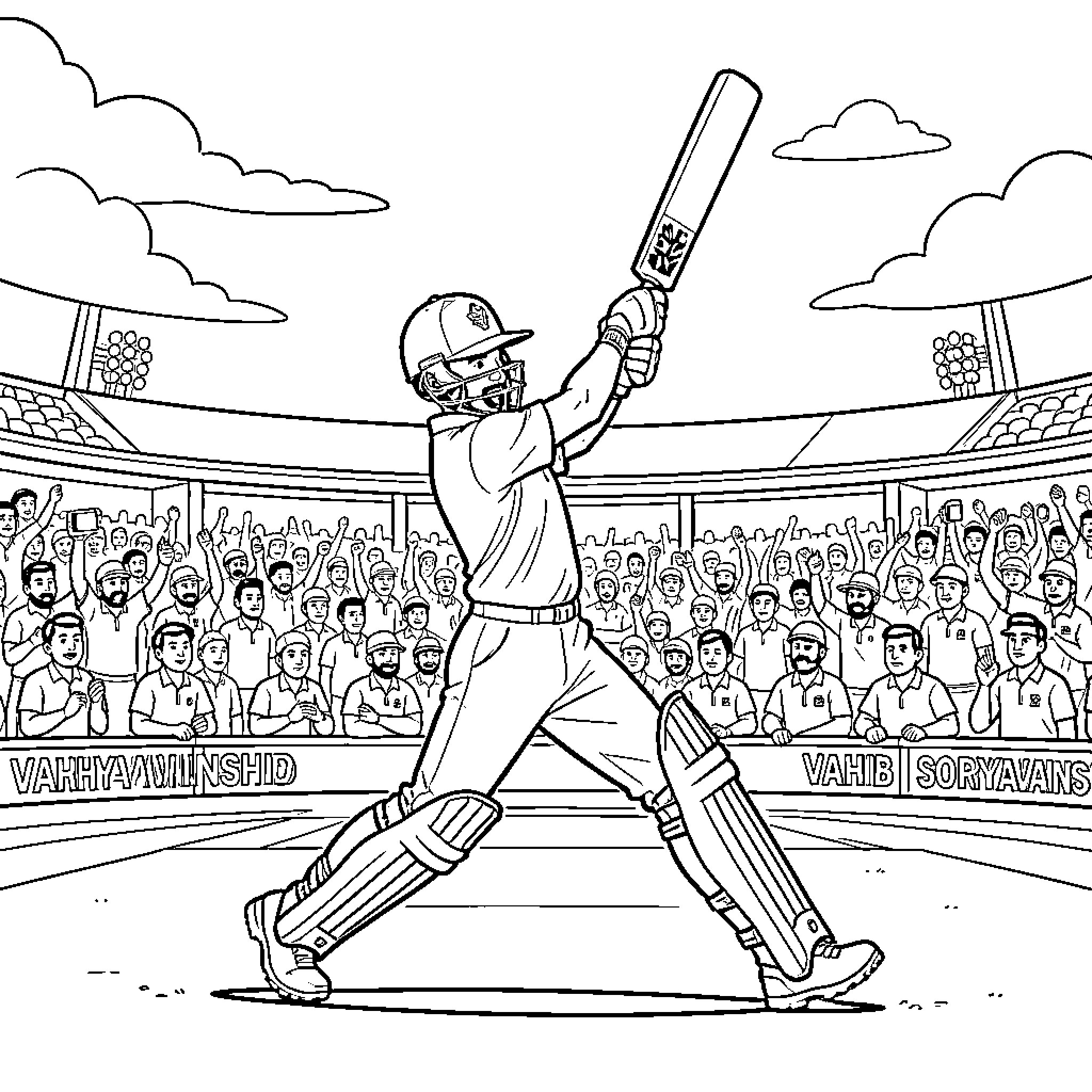 Vahib Sooryavanshi swinging a cricket bat in a stadium Coloring Page (free black-and-white line drawing printable PDF for all, from beginners to advanced learners, including children, teens, adults, and seniors)