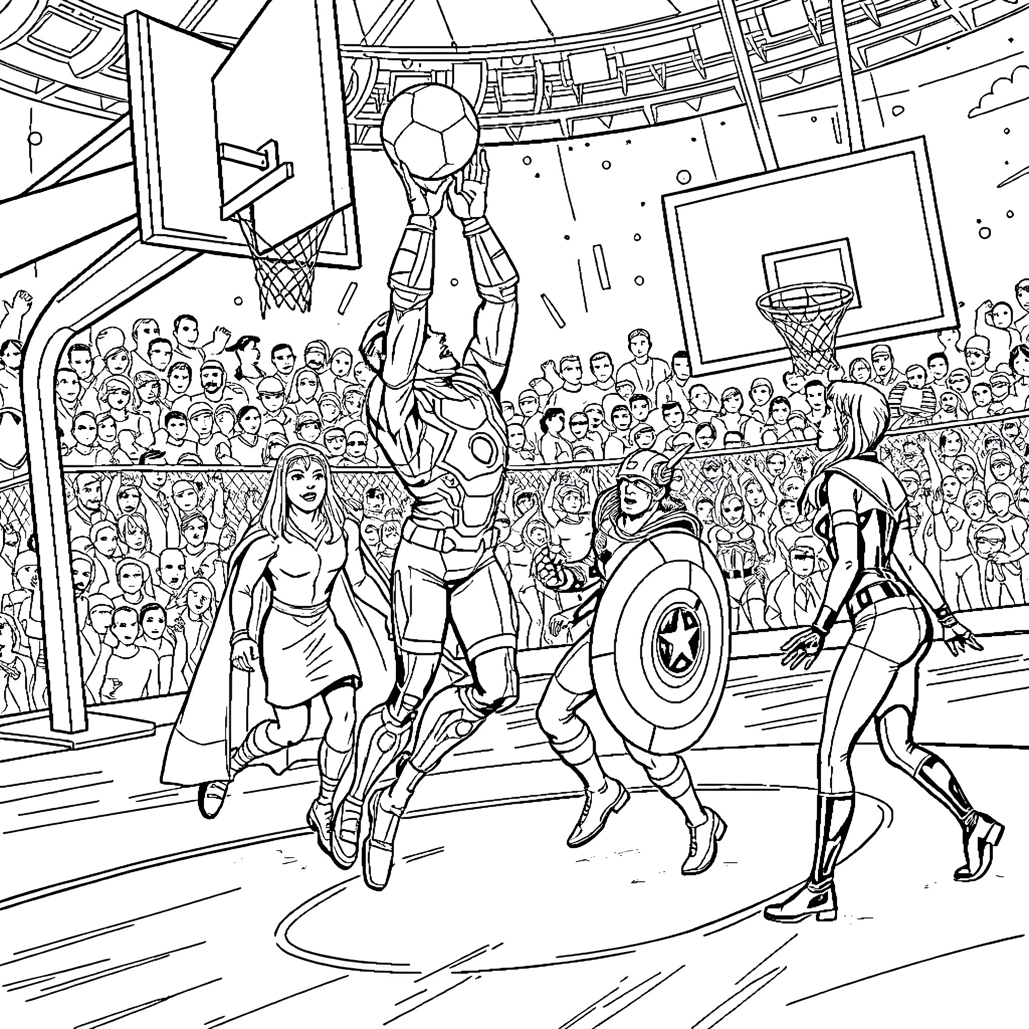 Iron Man Dominates the Basketball Court Coloring Page (free black-and-white line drawing printable PDF for all, from beginners to advanced learners, including children, teens, adults, and seniors)