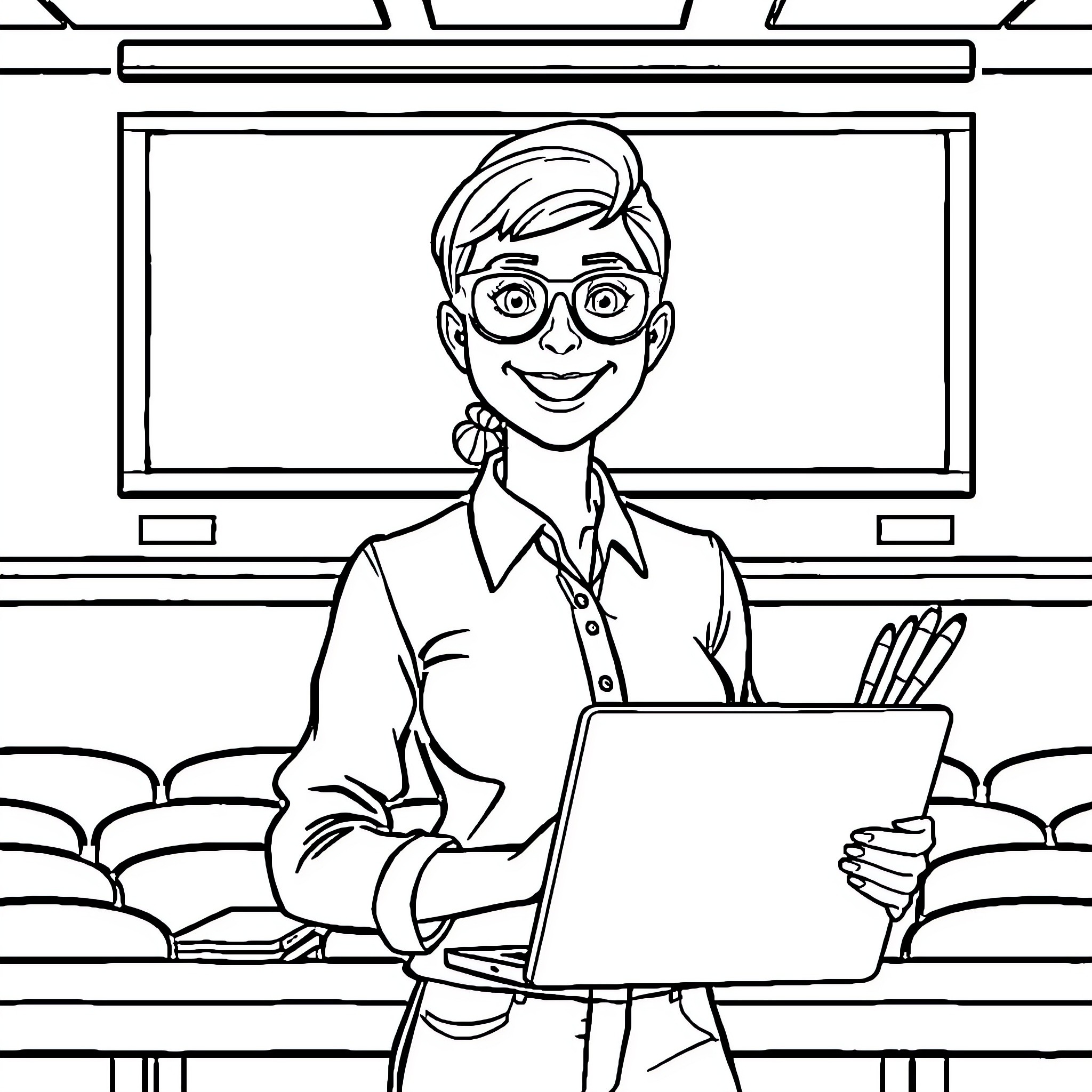 Teacher instructing students with laptop in classroom Coloring Page (free black-and-white line drawing printable PDF for all, from beginners to advanced learners, including children, teens, adults, and seniors)