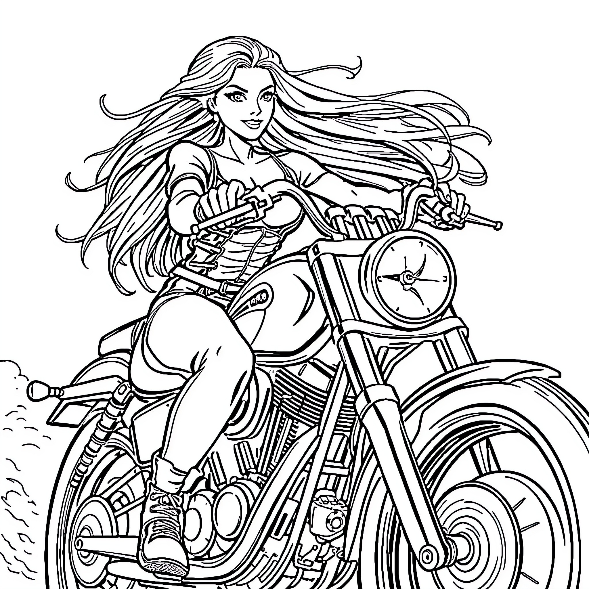 Rapunzel riding a motorcycle with flowing hair Coloring Page (free black-and-white line drawing printable PDF for all, from beginners to advanced learners, including children, teens, adults, and seniors)