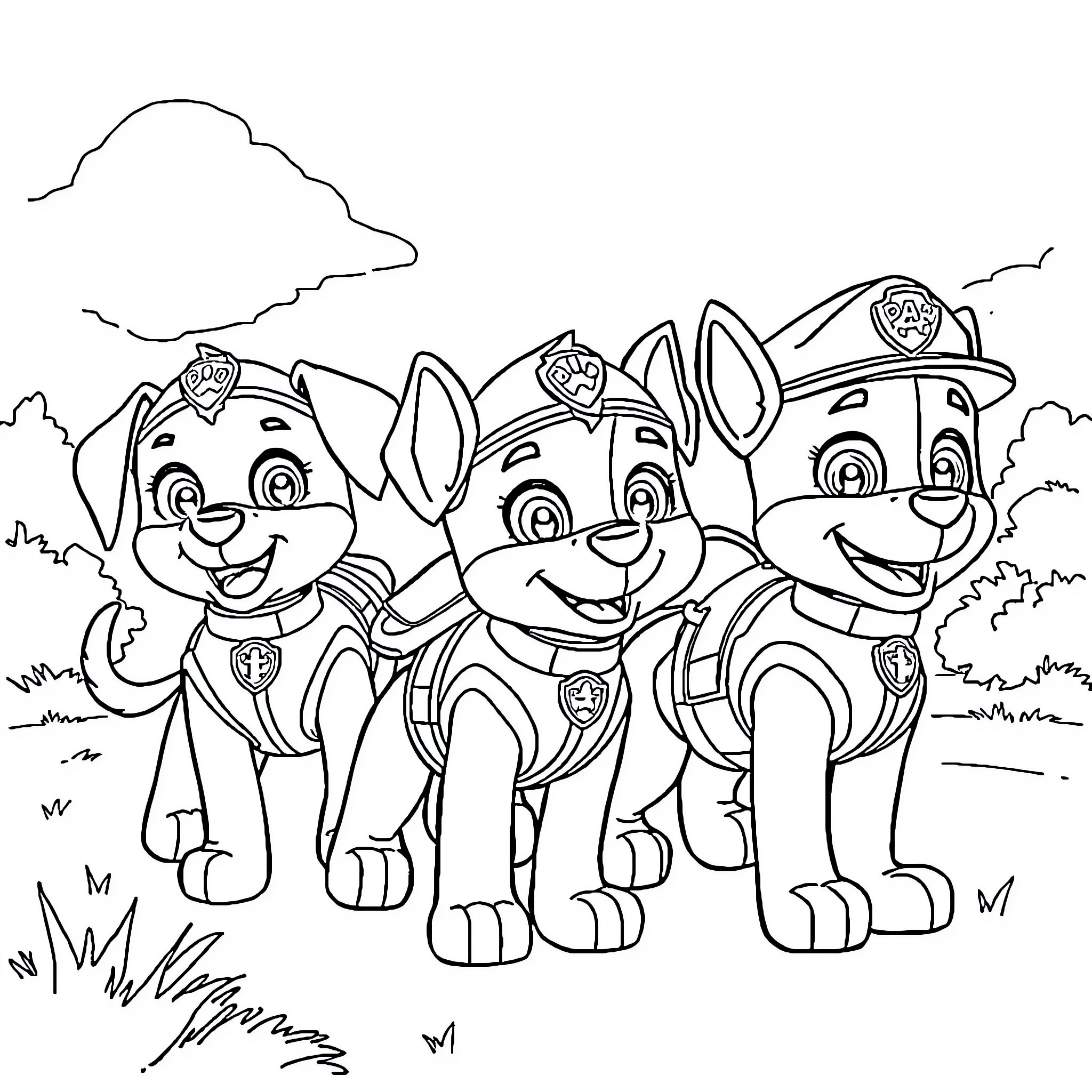 Paw Patrol Pups Happily Exploring the Outdoors Coloring Page (free black-and-white line drawing printable PDF for all, from beginners to advanced learners, including children, teens, adults, and seniors)