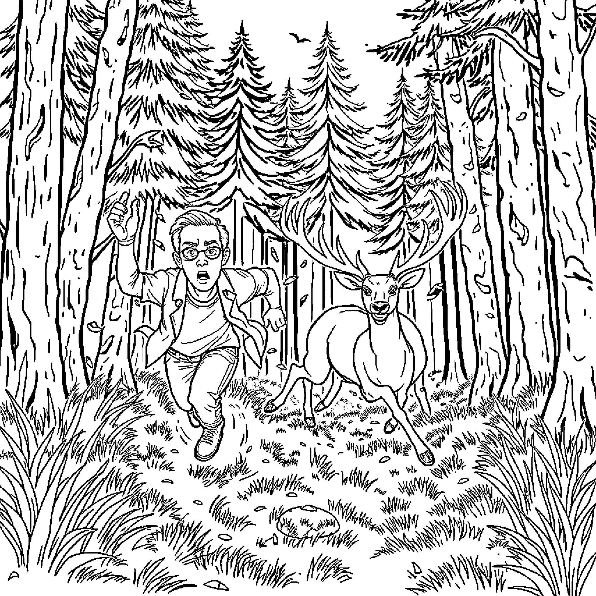 Deer running through the forest with a person Coloring Page (free black-and-white line drawing printable PDF for all, from beginners to advanced learners, including children, teens, adults, and seniors)