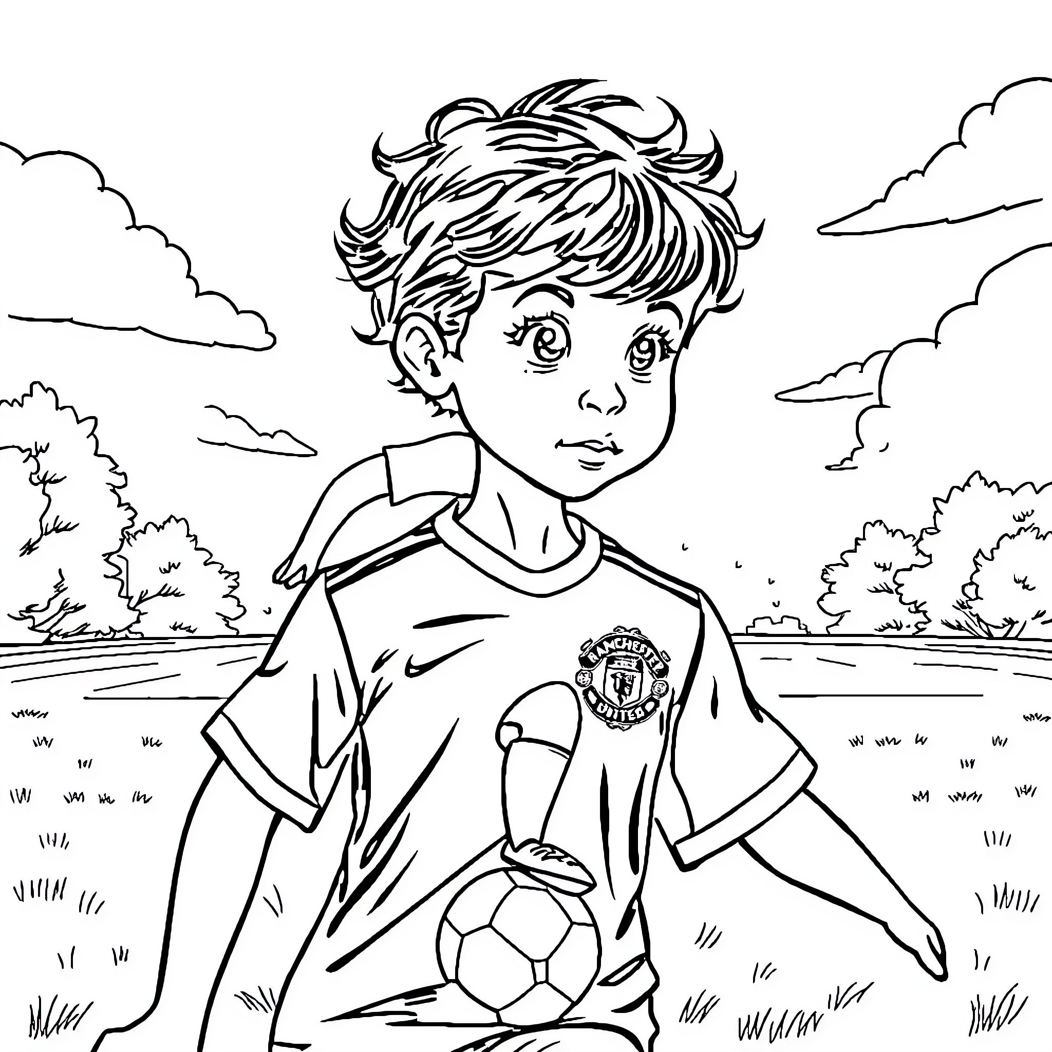 Tracey Beaker playing with a soccer ball in the park Coloring Page (free black-and-white line drawing printable PDF for all, from beginners to advanced learners, including children, teens, adults, and seniors)