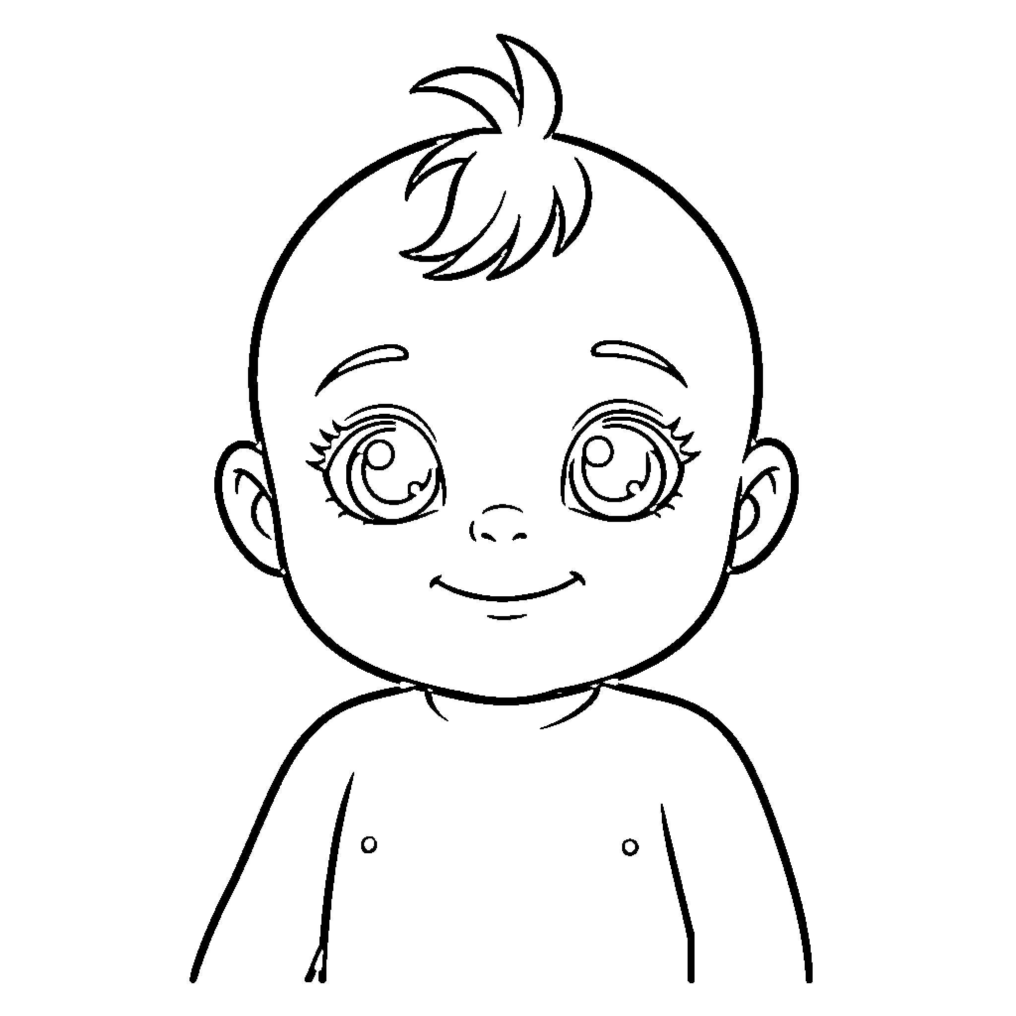 Baby Loulou smiling with large curious eyes Coloring Page (free black-and-white line drawing printable PDF for all, from beginners to advanced learners, including children, teens, adults, and seniors)
