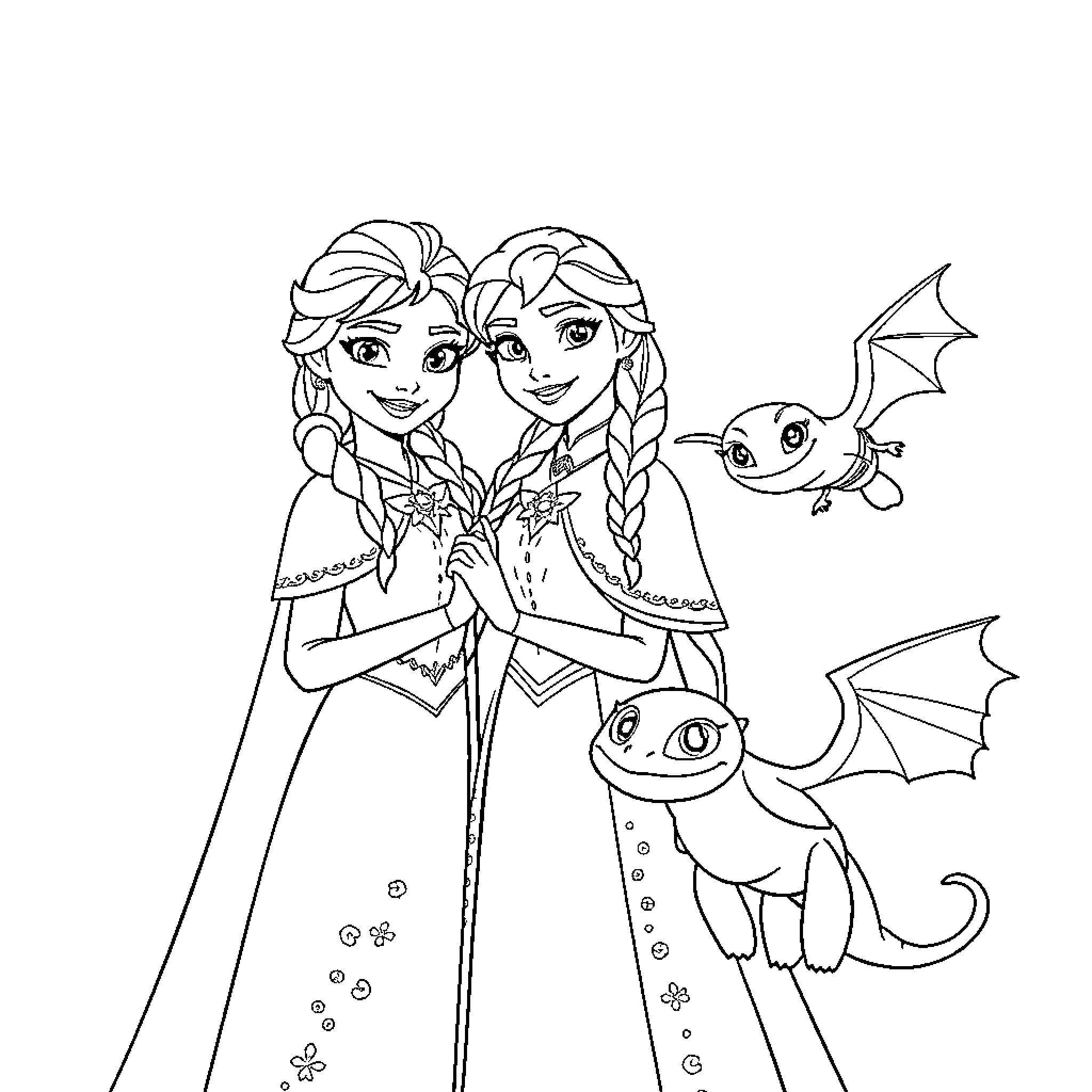Elsa and Anna's Magical Adventure with Mystical Companions Coloring Page (free black-and-white line drawing printable PDF for all, from beginners to advanced learners, including children, teens, adults, and seniors)