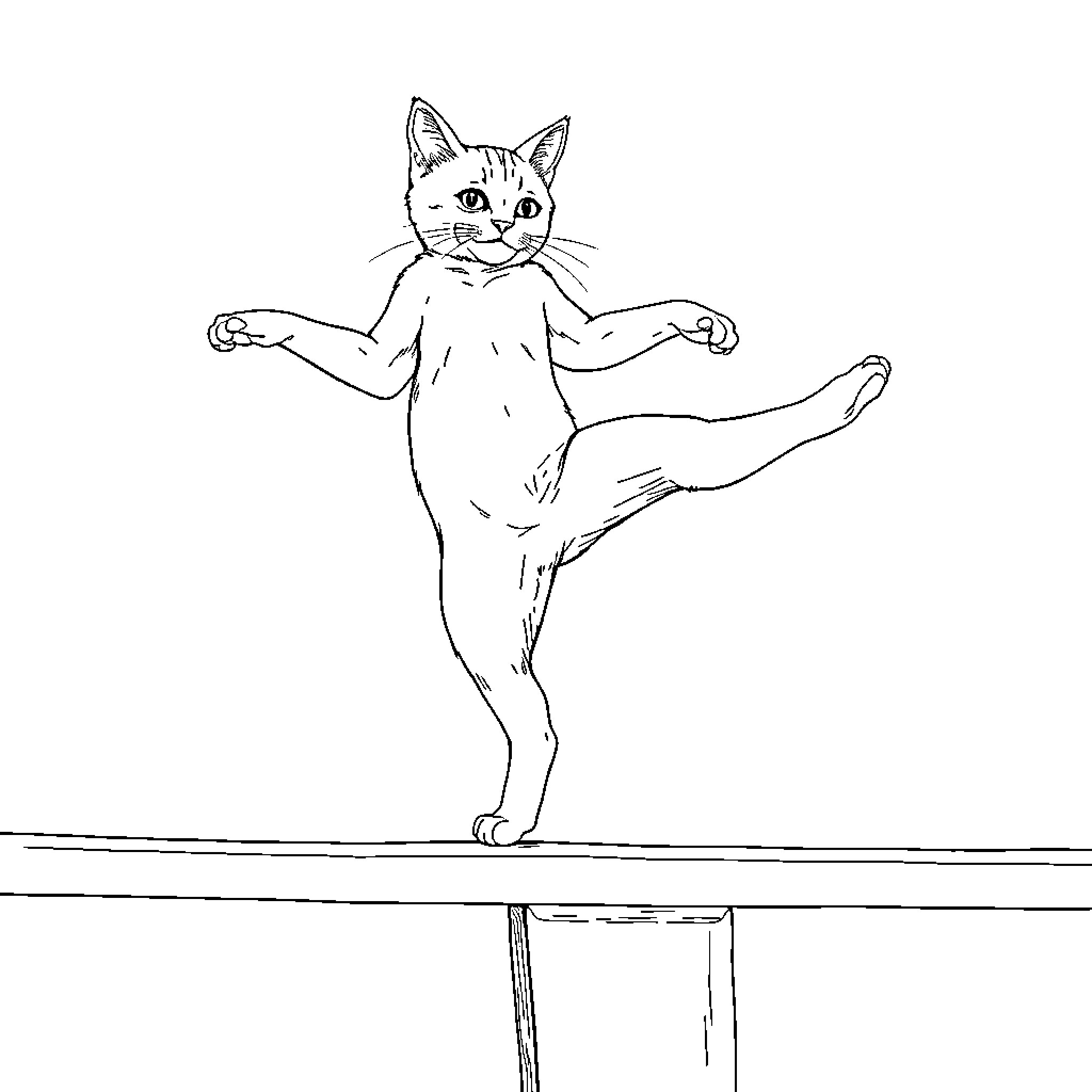 Cat performing a balancing act Coloring Page (free black-and-white line drawing printable PDF for all, from beginners to advanced learners, including children, teens, adults, and seniors)