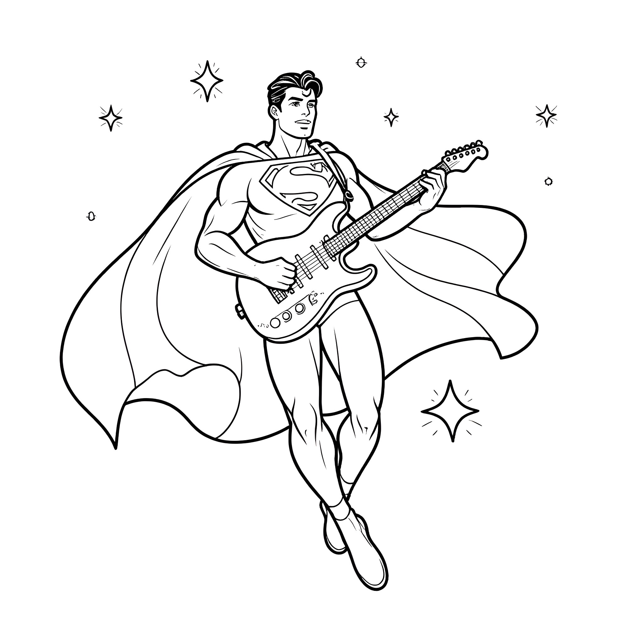 Superman playing guitar amidst the stars Coloring Page (free black-and-white line drawing printable PDF for all, from beginners to advanced learners, including children, teens, adults, and seniors)