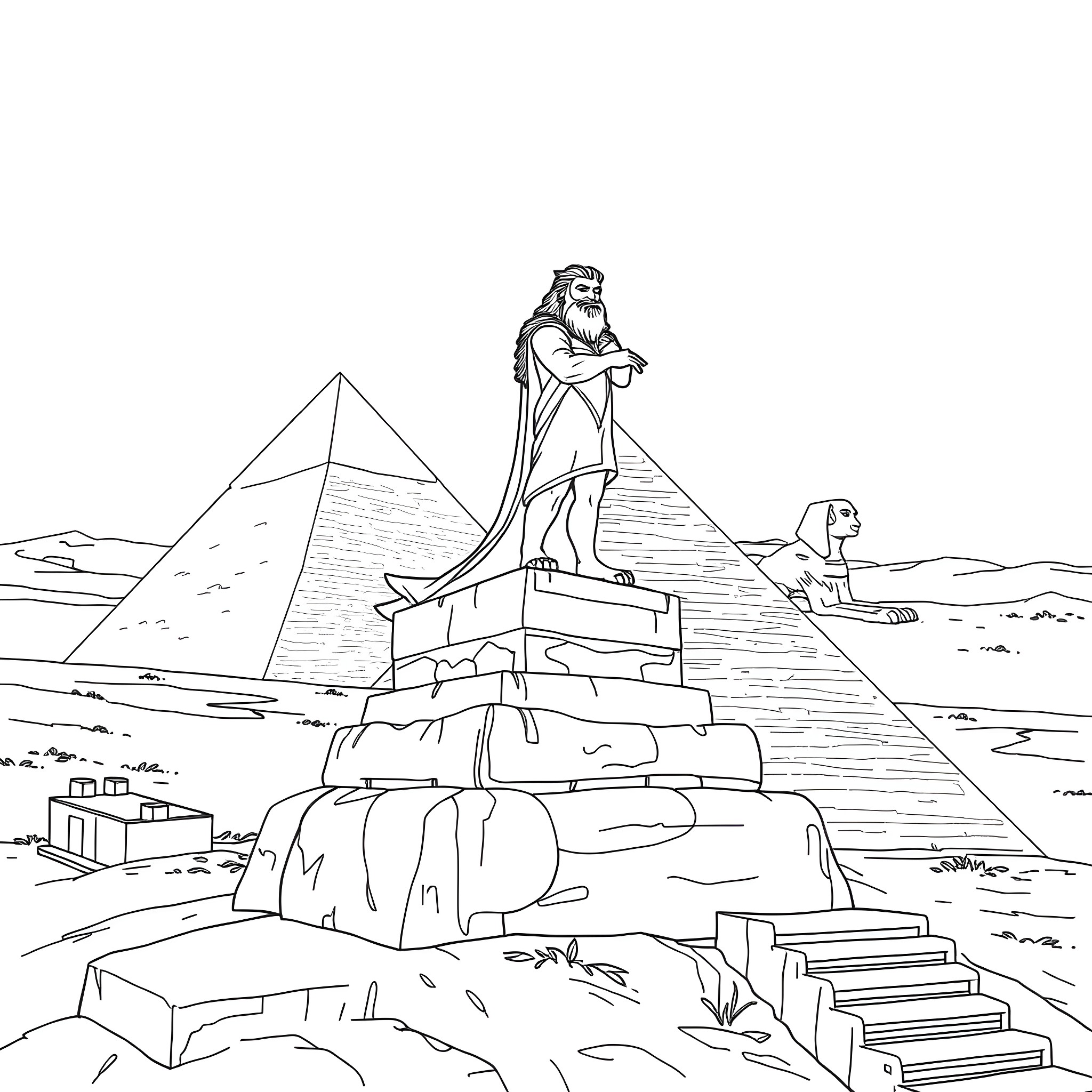 MrBeast Exploring the Ancient Pyramids Coloring Page (free black-and-white line drawing printable PDF for all, from beginners to advanced learners, including children, teens, adults, and seniors)