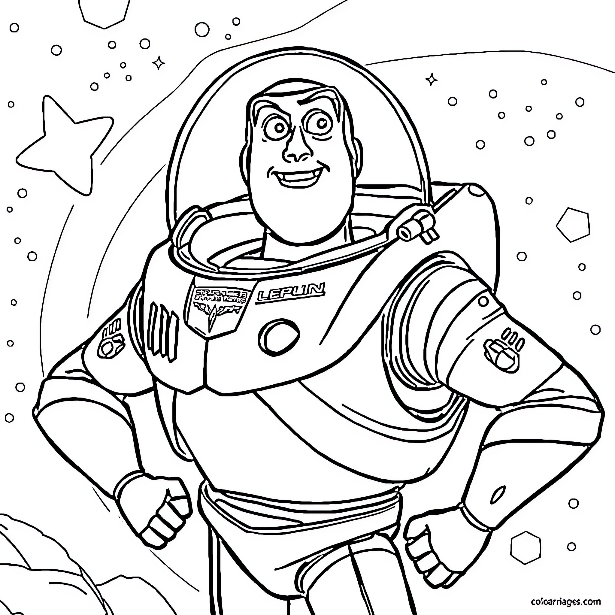Buzz Lightyear exploring the galaxy in his spacesuit Coloring Page (free black-and-white line drawing printable PDF for all, from beginners to advanced learners, including children, teens, adults, and seniors)