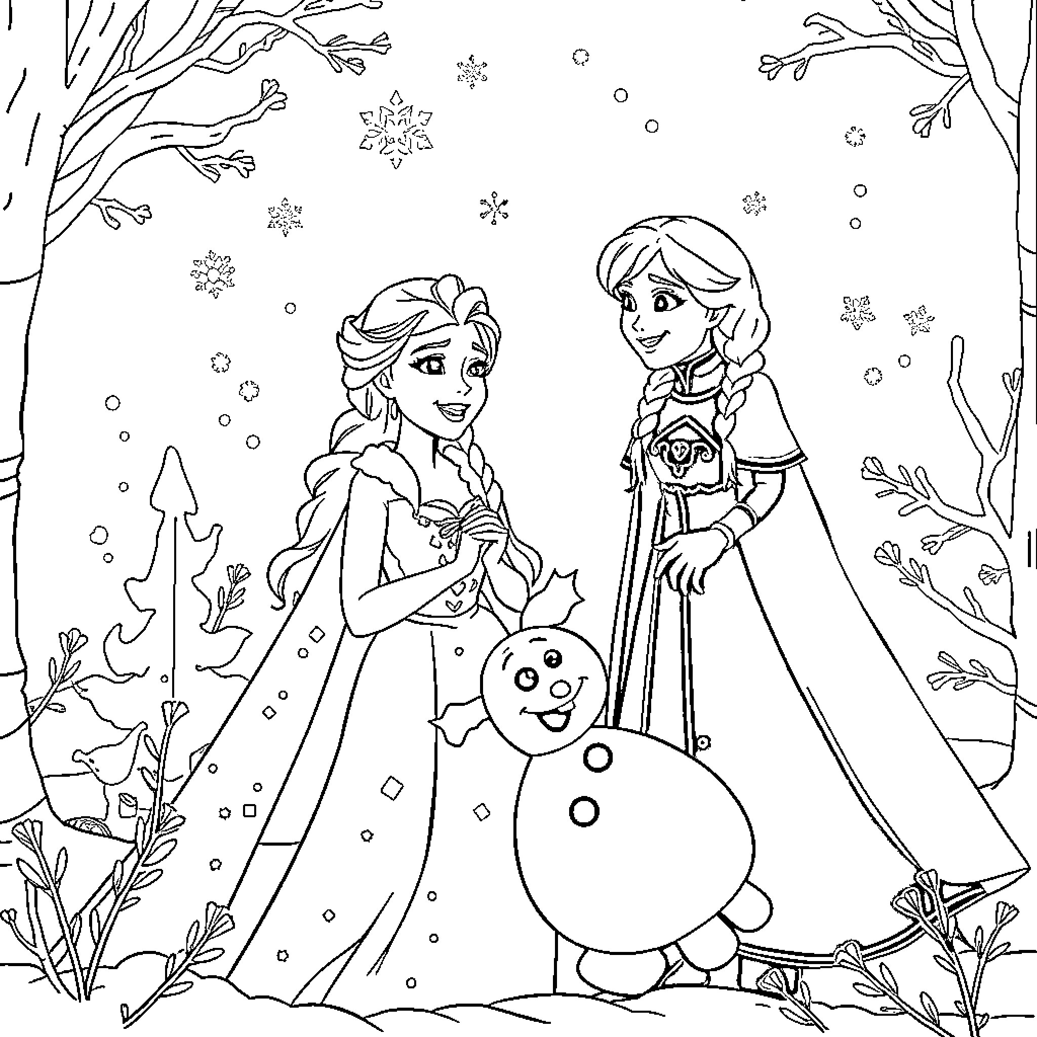 Elsa and Anna playing in the snowy forest Coloring Page (free black-and-white line drawing printable PDF for all, from beginners to advanced learners, including children, teens, adults, and seniors)