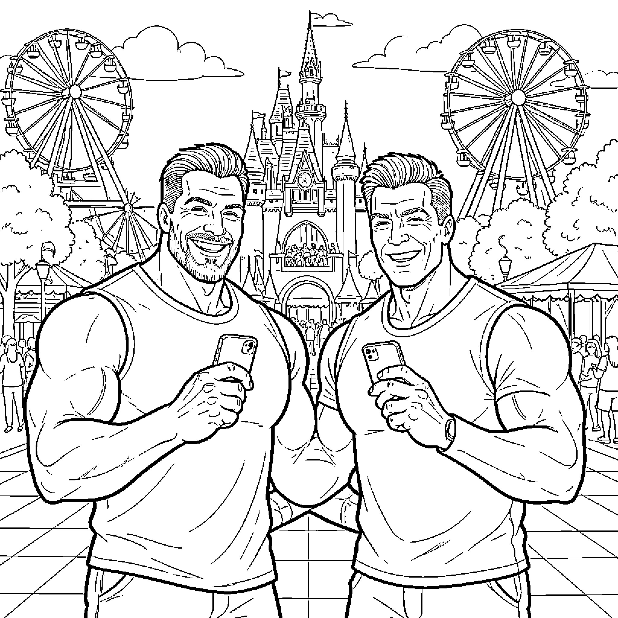 Ronnie Coleman smiling while taking selfies at an amusement park Coloring Page (free black-and-white line drawing printable PDF for all, from beginners to advanced learners, including children, teens, adults, and seniors)