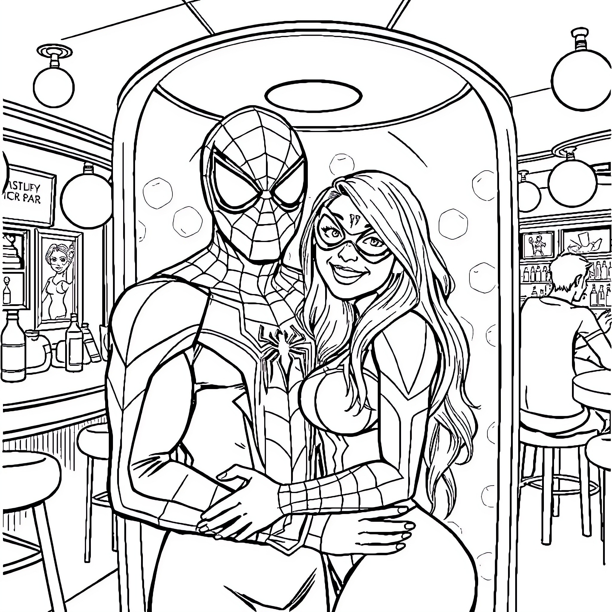 Spiderman with female companion in an indoor setting Coloring Page (free black-and-white line drawing printable PDF for all, from beginners to advanced learners, including children, teens, adults, and seniors)