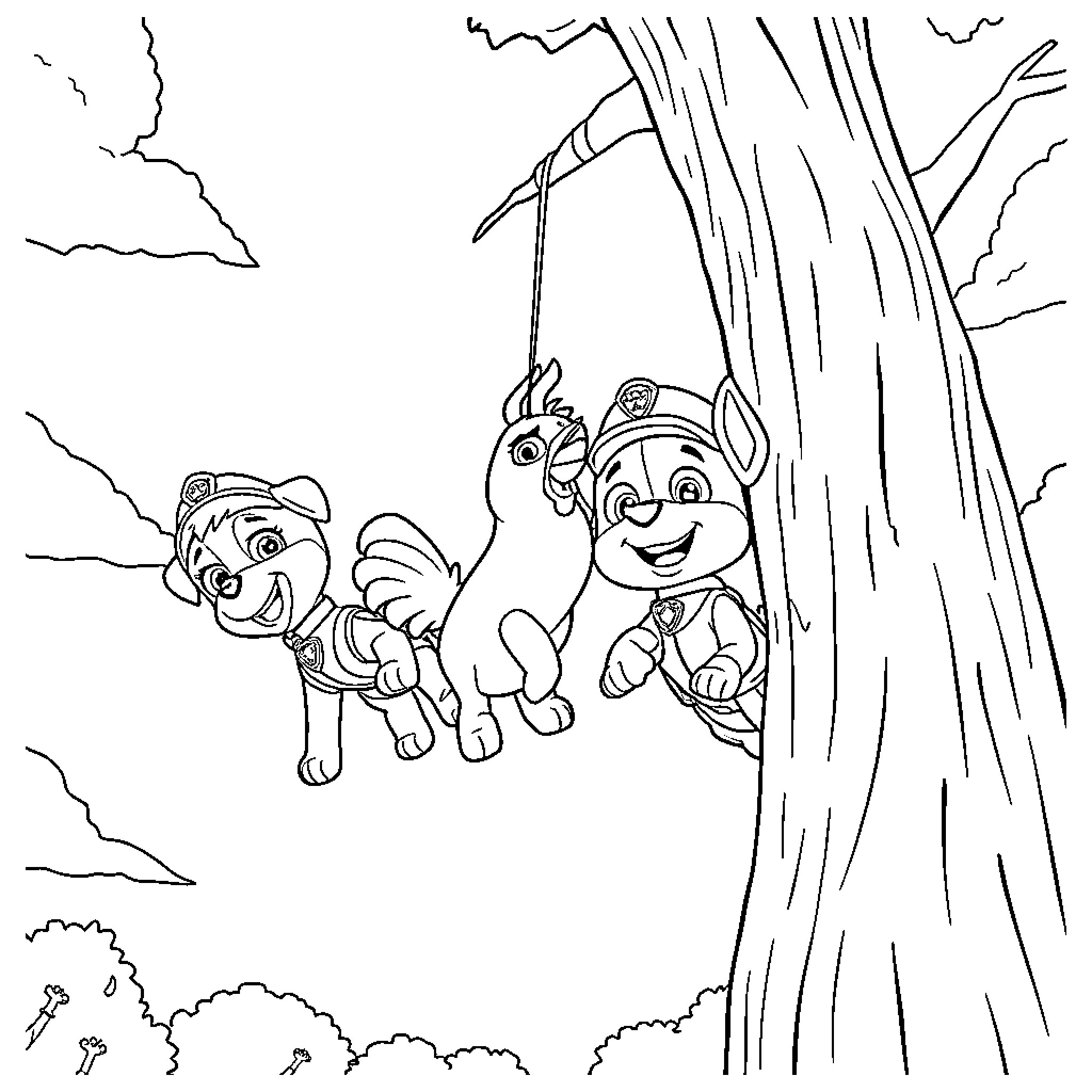 Paw Patrol team exploring the wilderness Coloring Page (free black-and-white line drawing printable PDF for all, from beginners to advanced learners, including children, teens, adults, and seniors)