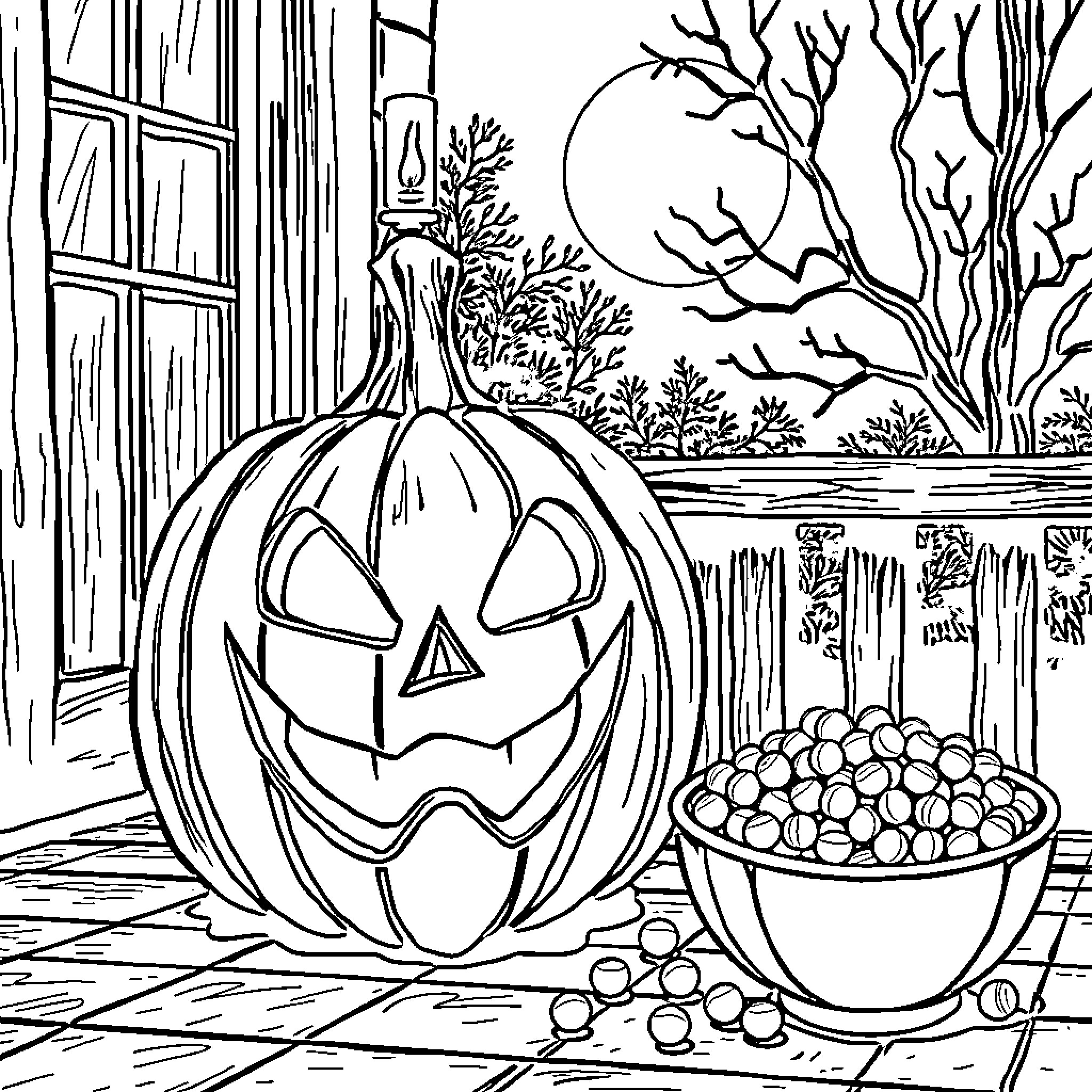 Pumpkin carving and candy on Halloween night Coloring Page (free black-and-white line drawing printable PDF for all, from beginners to advanced learners, including children, teens, adults, and seniors)