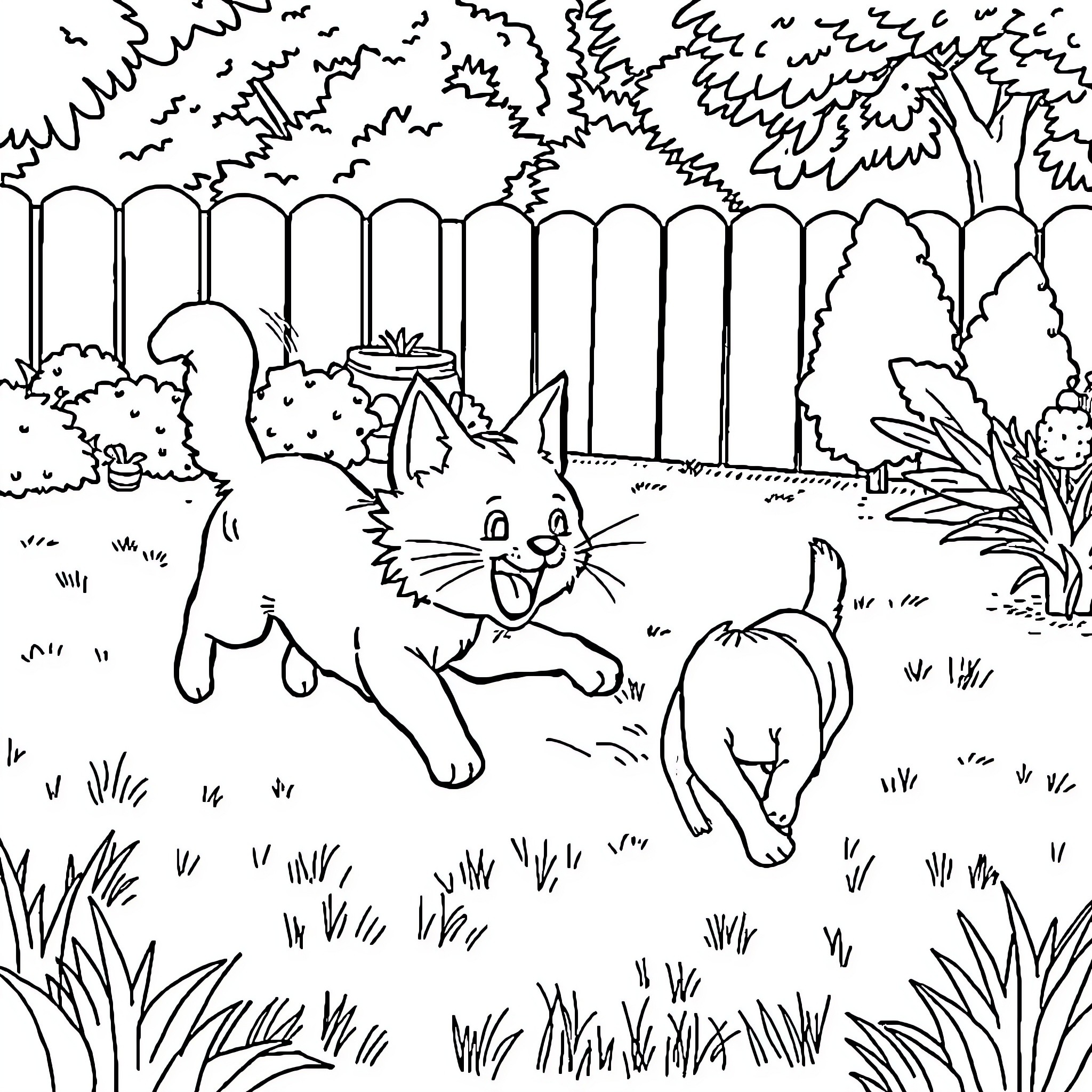 Cat Playing in the Backyard Coloring Page (free black-and-white line drawing printable PDF for all, from beginners to advanced learners, including children, teens, adults, and seniors)