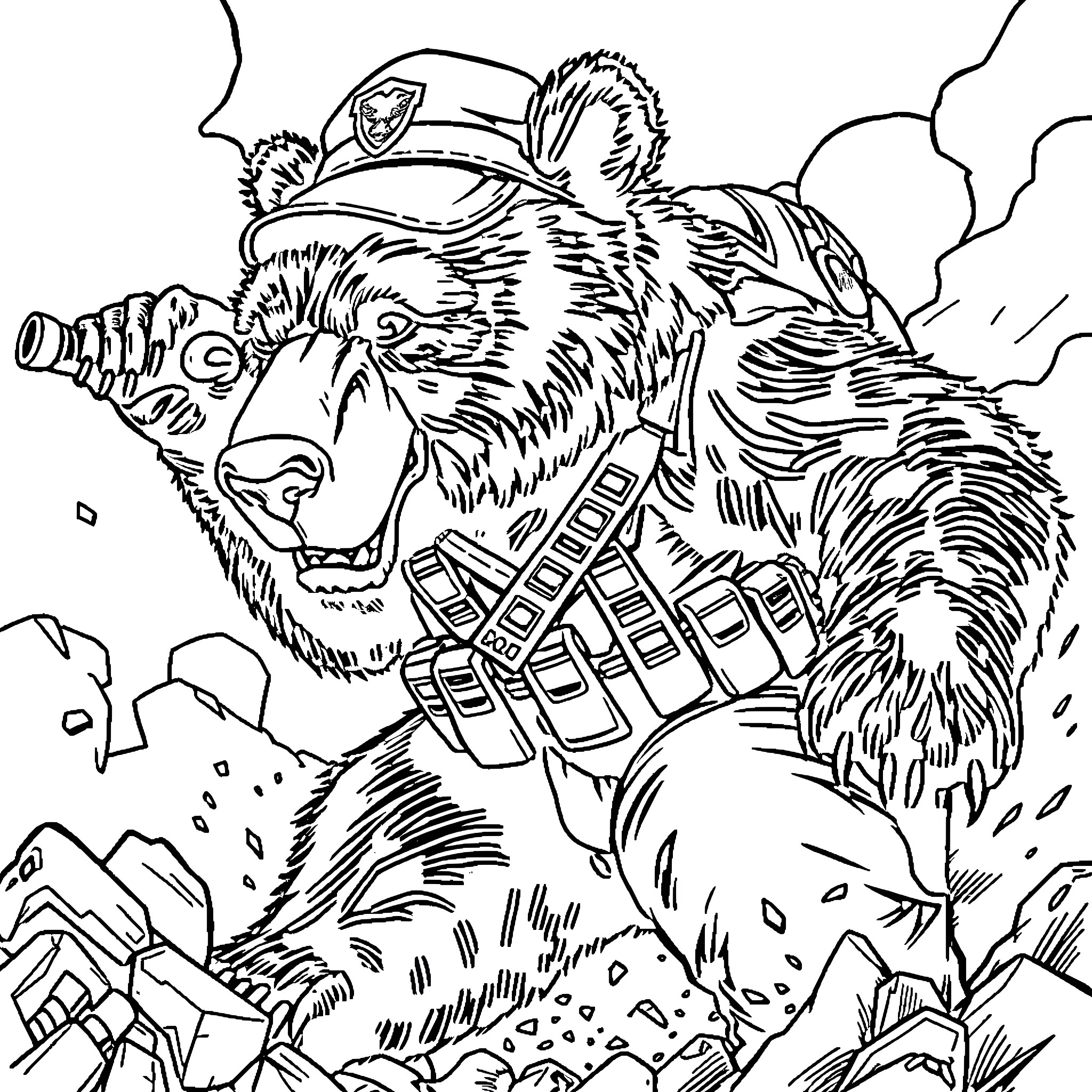 Bear soldier attacking with heavy weaponry Coloring Page (free black-and-white line drawing printable PDF for all, from beginners to advanced learners, including children, teens, adults, and seniors)