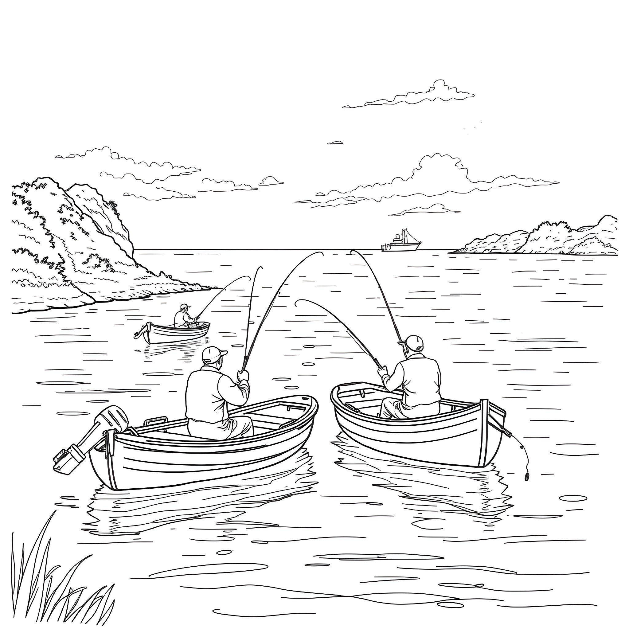 Salmon fishing boats on scenic lake Coloring Page (free black-and-white line drawing printable PDF for all, from beginners to advanced learners, including children, teens, adults, and seniors)