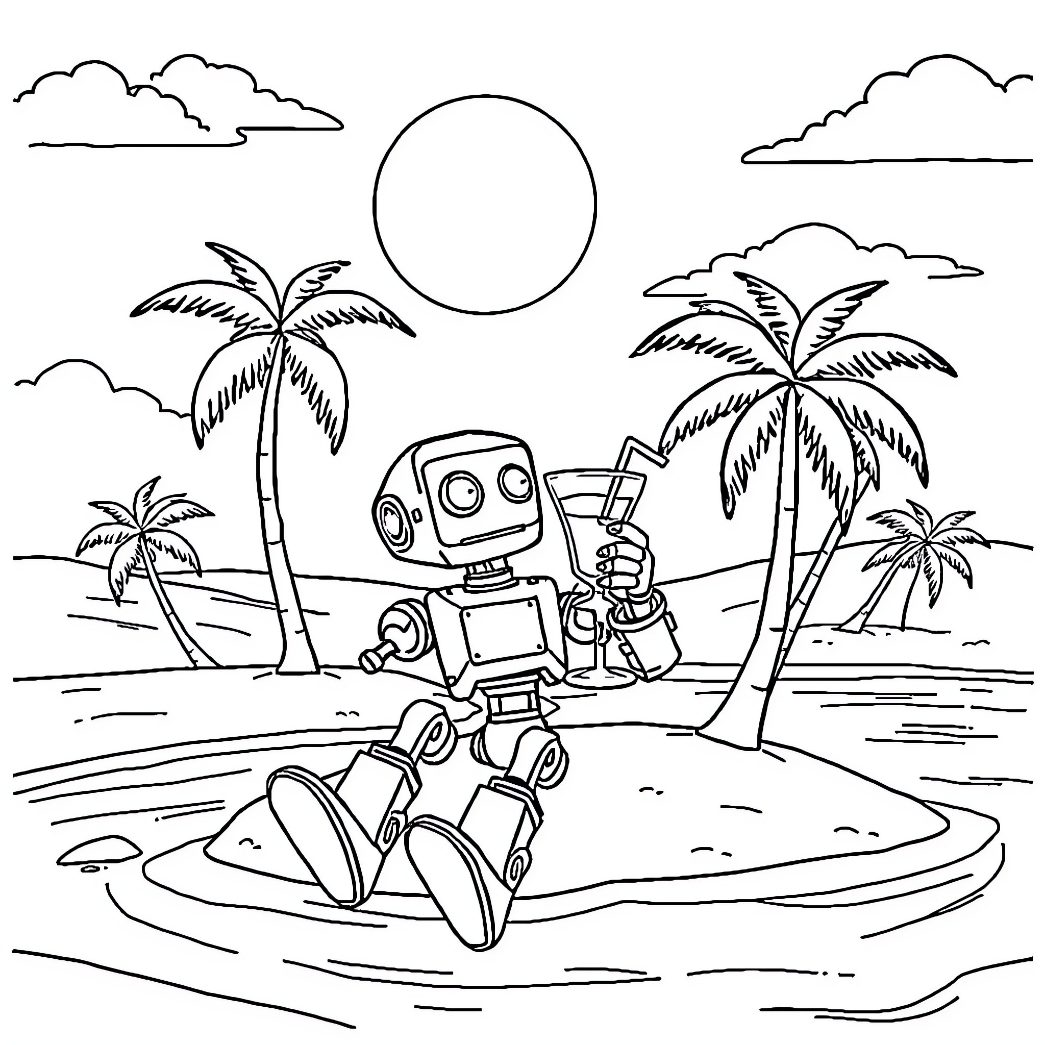 Robot enjoying a tropical beach vacation Coloring Page (free black-and-white line drawing printable PDF for all, from beginners to advanced learners, including children, teens, adults, and seniors)