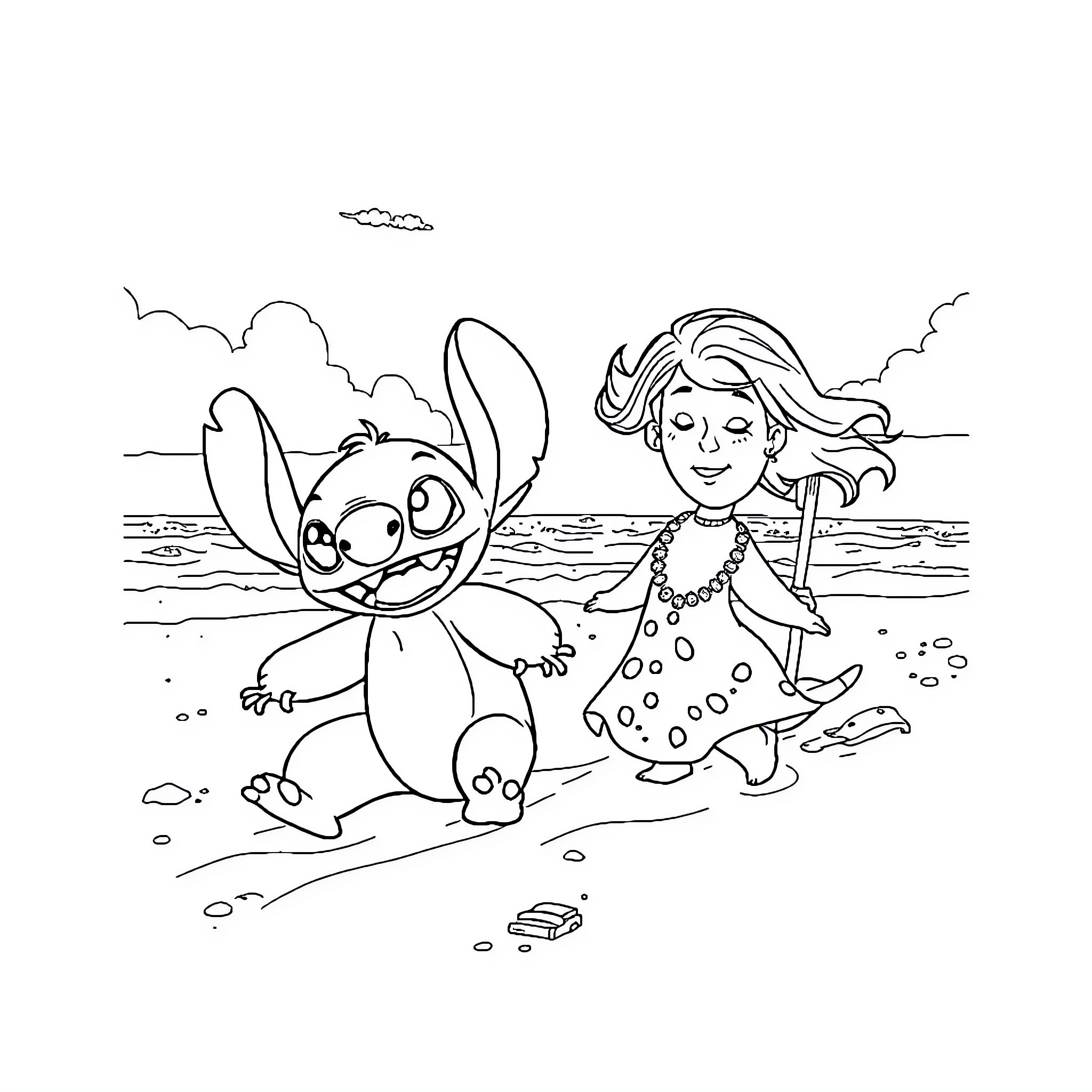 Lilo and Stitch playing on the beach Coloring Page (free black-and-white line drawing printable PDF for all, from beginners to advanced learners, including children, teens, adults, and seniors)