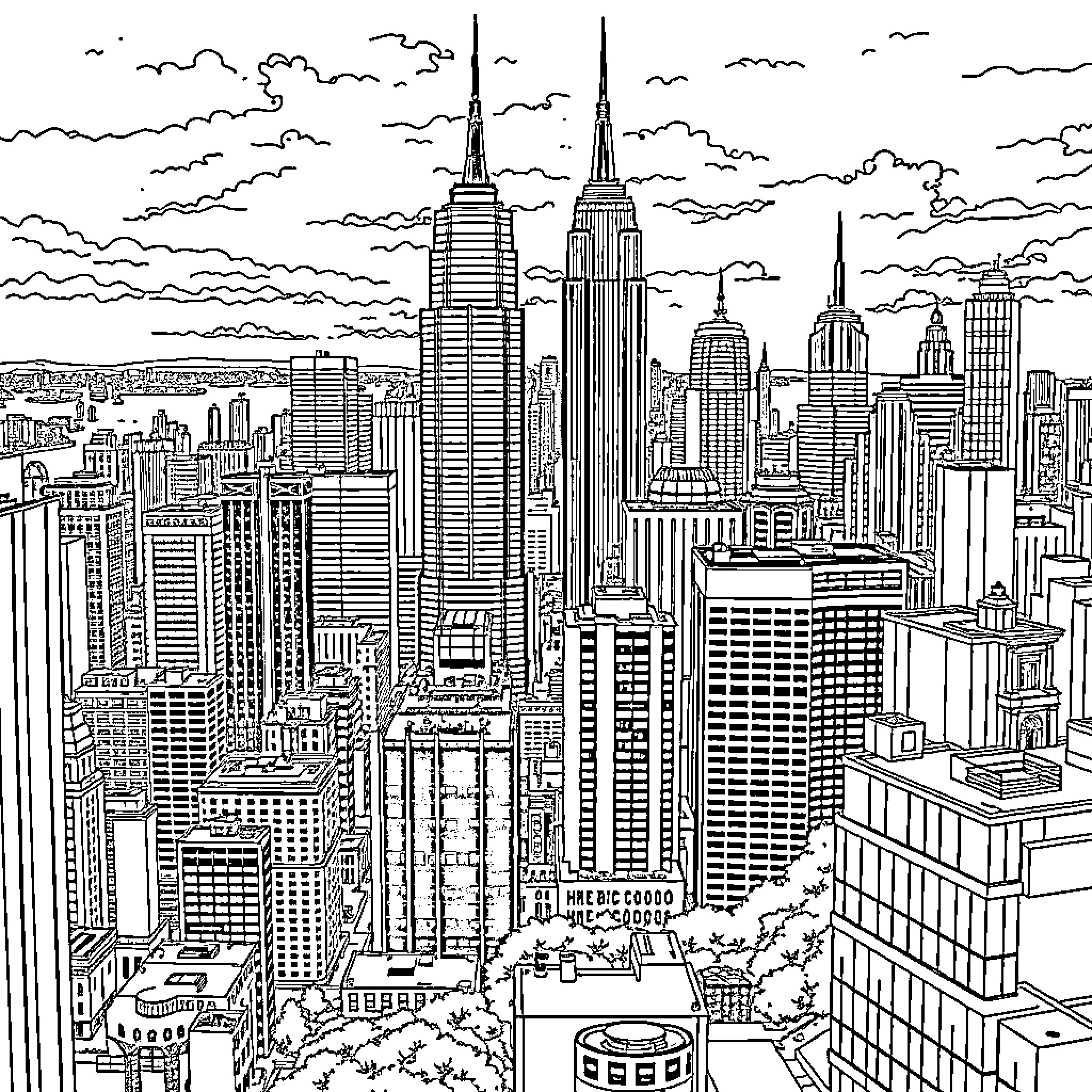 City skyline with towering skyscrapers and bustling urban scenes Coloring Page (free black-and-white line drawing printable PDF for all, from beginners to advanced learners, including children, teens, adults, and seniors)