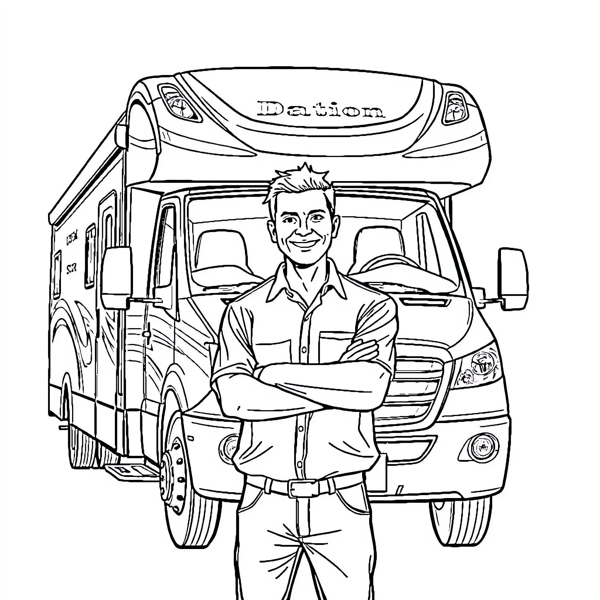 Sales Person Posing Proudly by Recreational Vehicle Coloring Page (free black-and-white line drawing printable PDF for all, from beginners to advanced learners, including children, teens, adults, and seniors)