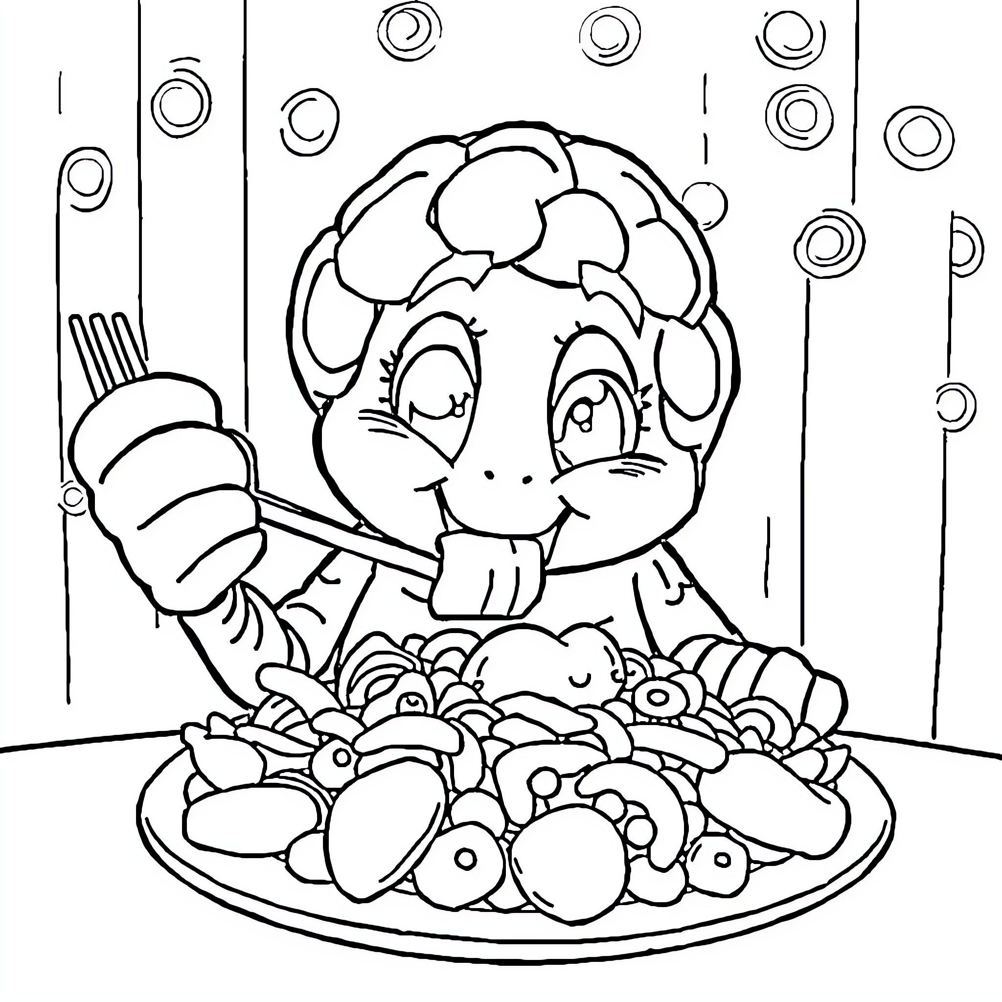 Braintrot Cooking a Colorful Meal Coloring Page (free black-and-white line drawing printable PDF for all, from beginners to advanced learners, including children, teens, adults, and seniors)