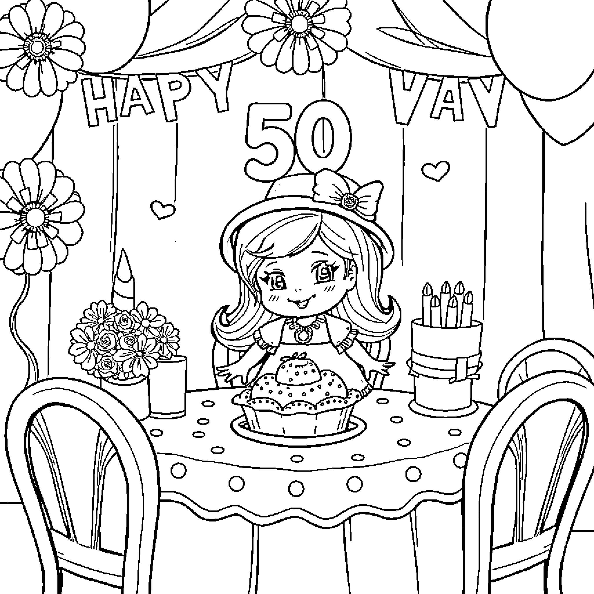 Doll celebrating her 50th birthday party Coloring Page (free black-and-white line drawing printable PDF for all, from beginners to advanced learners, including children, teens, adults, and seniors)