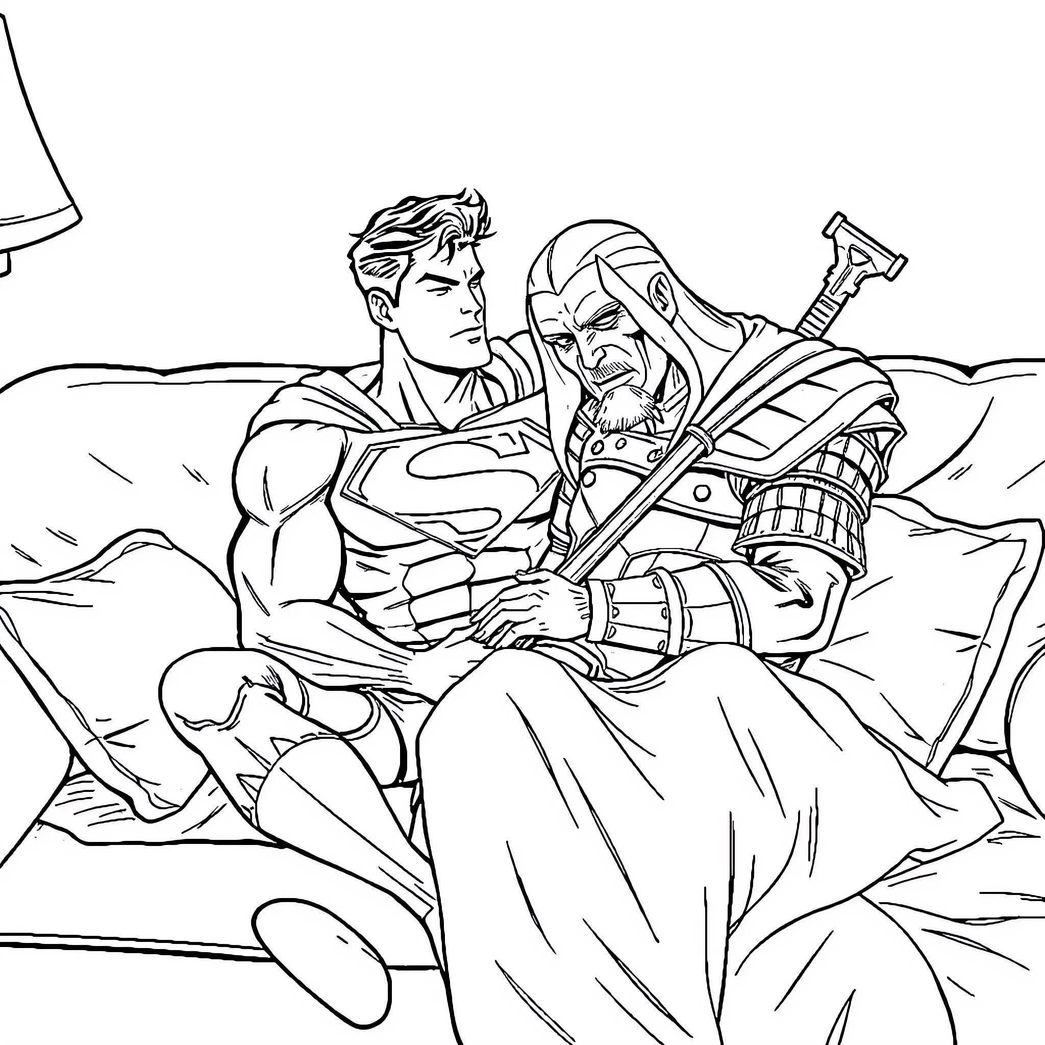 Superman and ancient warrior in intense battle Coloring Page (free black-and-white line drawing printable PDF for all, from beginners to advanced learners, including children, teens, adults, and seniors)