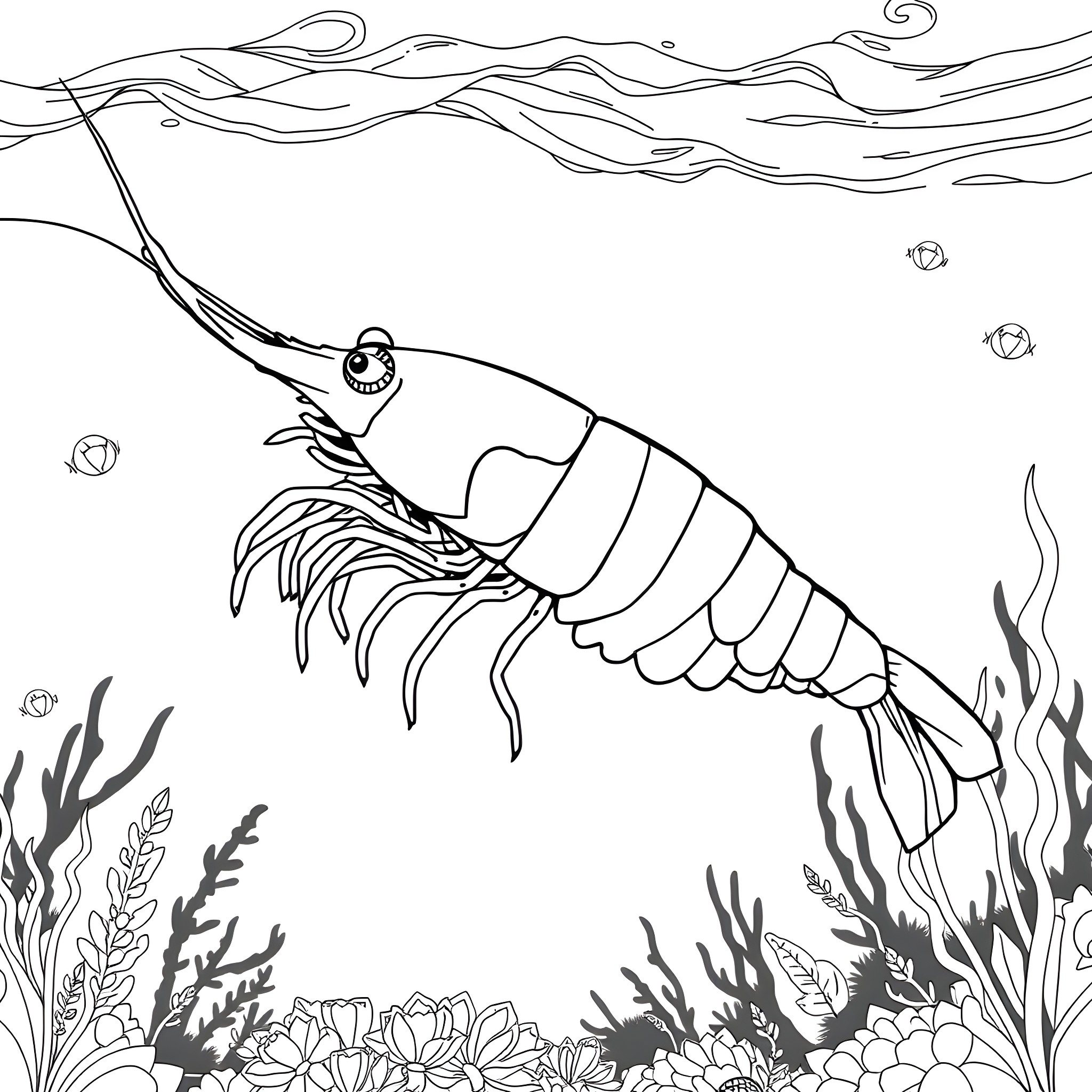 Shrimp swimming amid ocean plants and bubbles Coloring Page (free black-and-white line drawing printable PDF for all, from beginners to advanced learners, including children, teens, adults, and seniors)