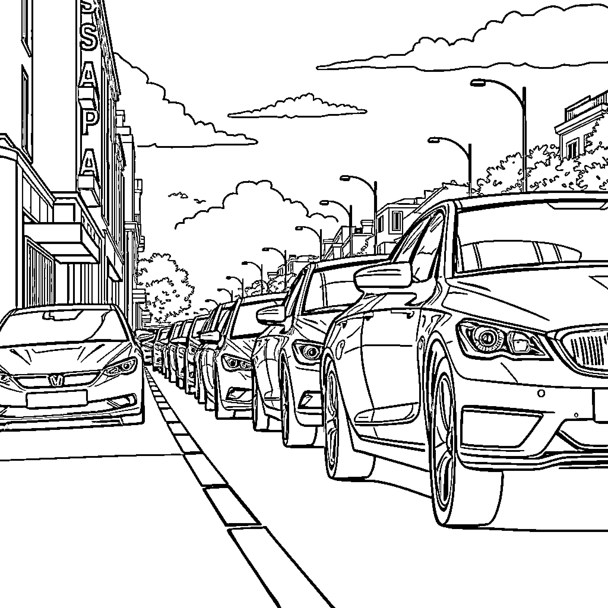 Car Traffic on Busy City Street Coloring Page (free black-and-white line drawing printable PDF for all, from beginners to advanced learners, including children, teens, adults, and seniors)