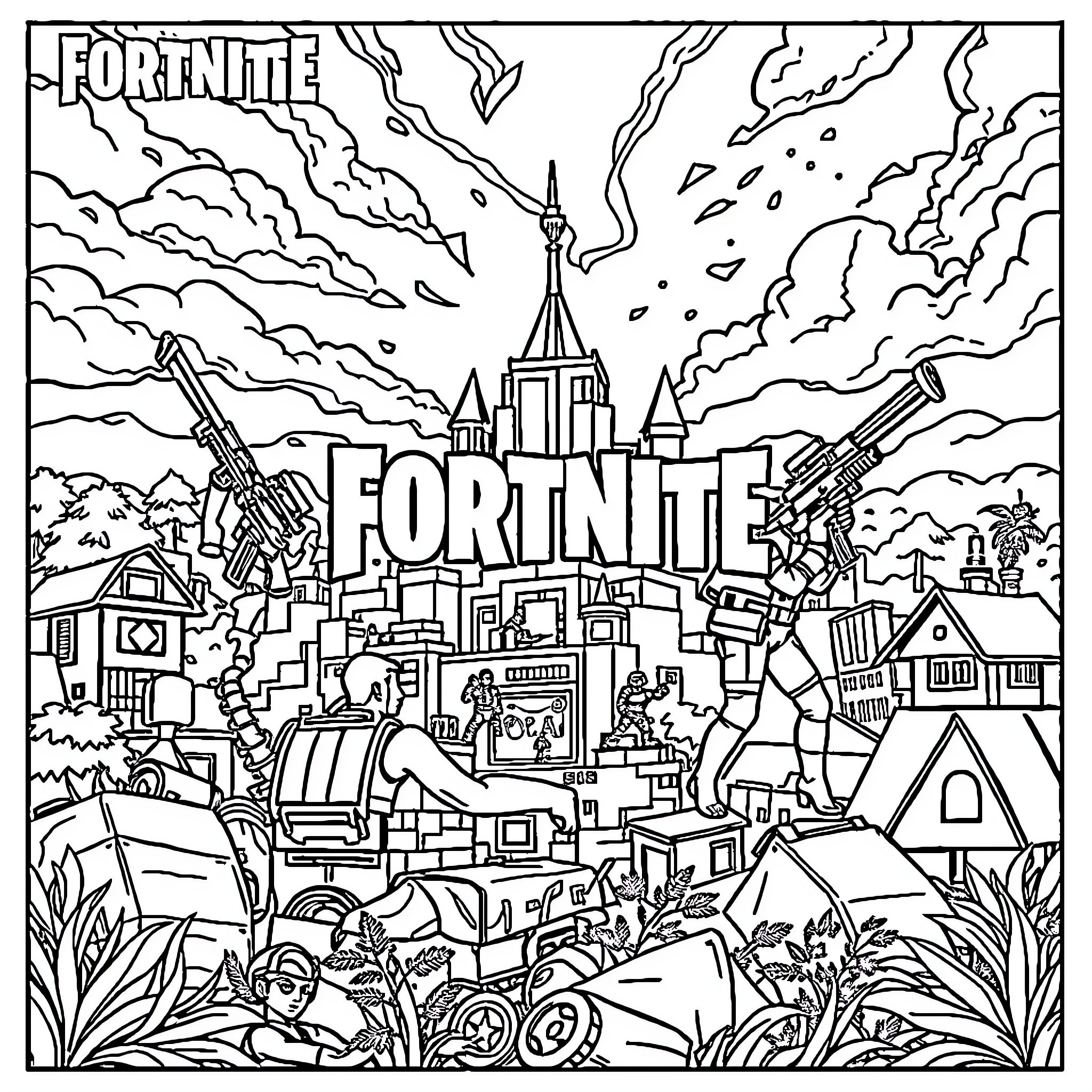 Fortnite Battle Royale Cityscape with Weapons and Characters Coloring Page (free black-and-white line drawing printable PDF for all, from beginners to advanced learners, including children, teens, adults, and seniors)