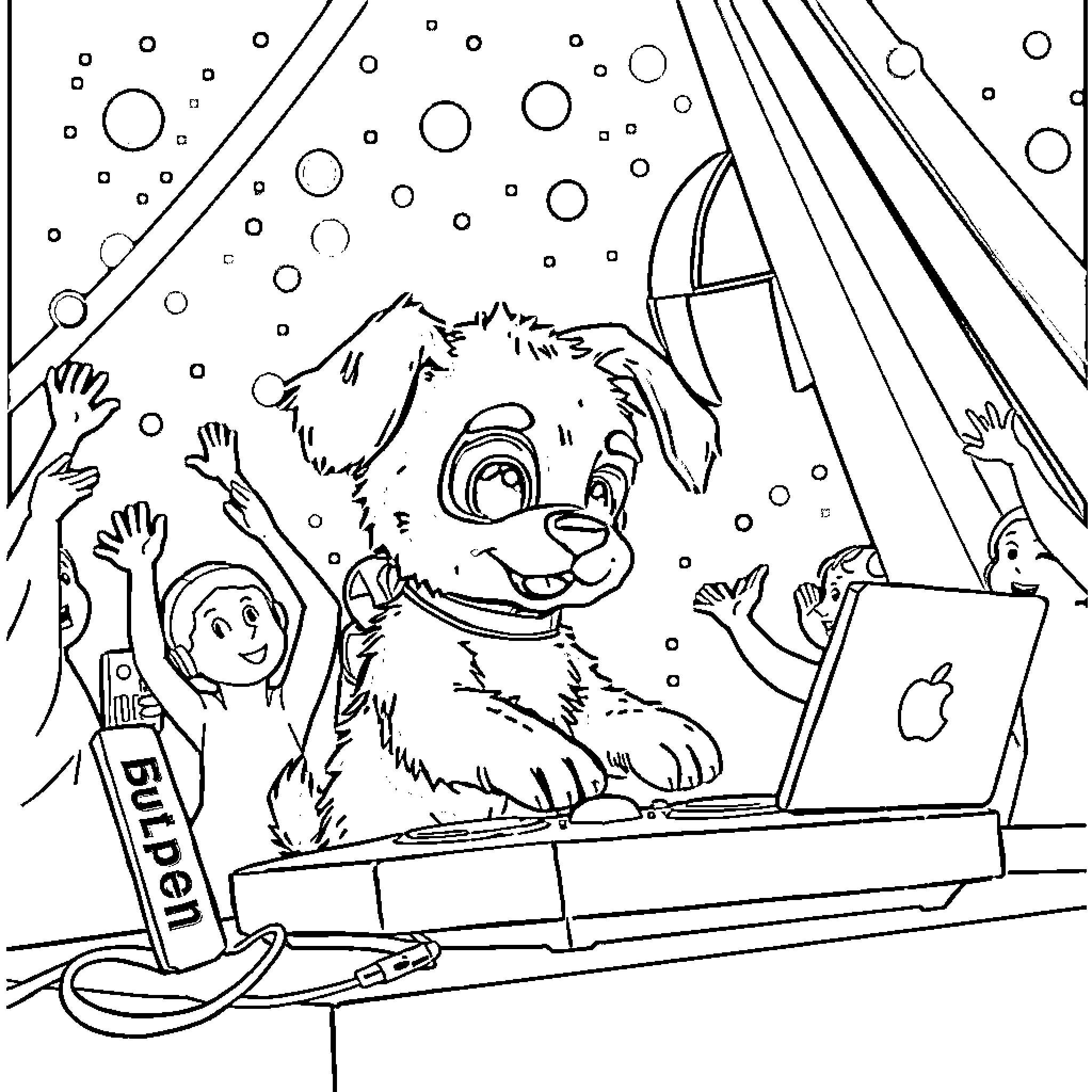 Bluey and friends playing with laptop in the snow Coloring Page (free black-and-white line drawing printable PDF for all, from beginners to advanced learners, including children, teens, adults, and seniors)
